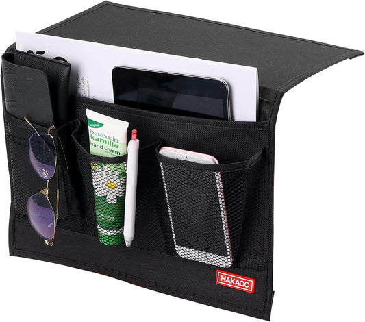 HAKACC Bedside Storage Organizer with Pockets，Bedside Caddy,Remote Control Holder Armchair Couch Caddy Sofa Armrest Bag，bed accessories,Black