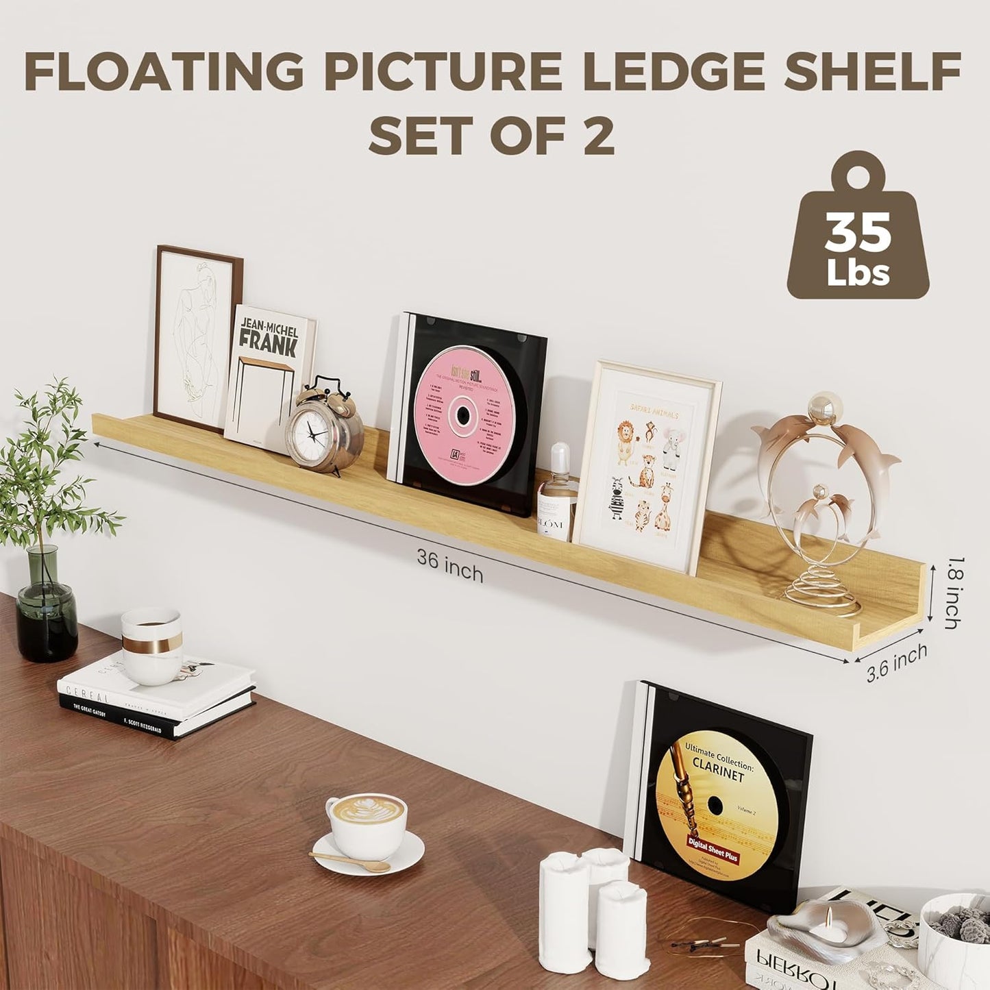 Axeman Oak Floating Shelves - Picture Ledge Shelf Set of 2-36 Inch Floating Shelves with Lip - Oak Picture Shelf for Wall with Ledge - Photo Ledge Shelves for Pictures Nursery Books