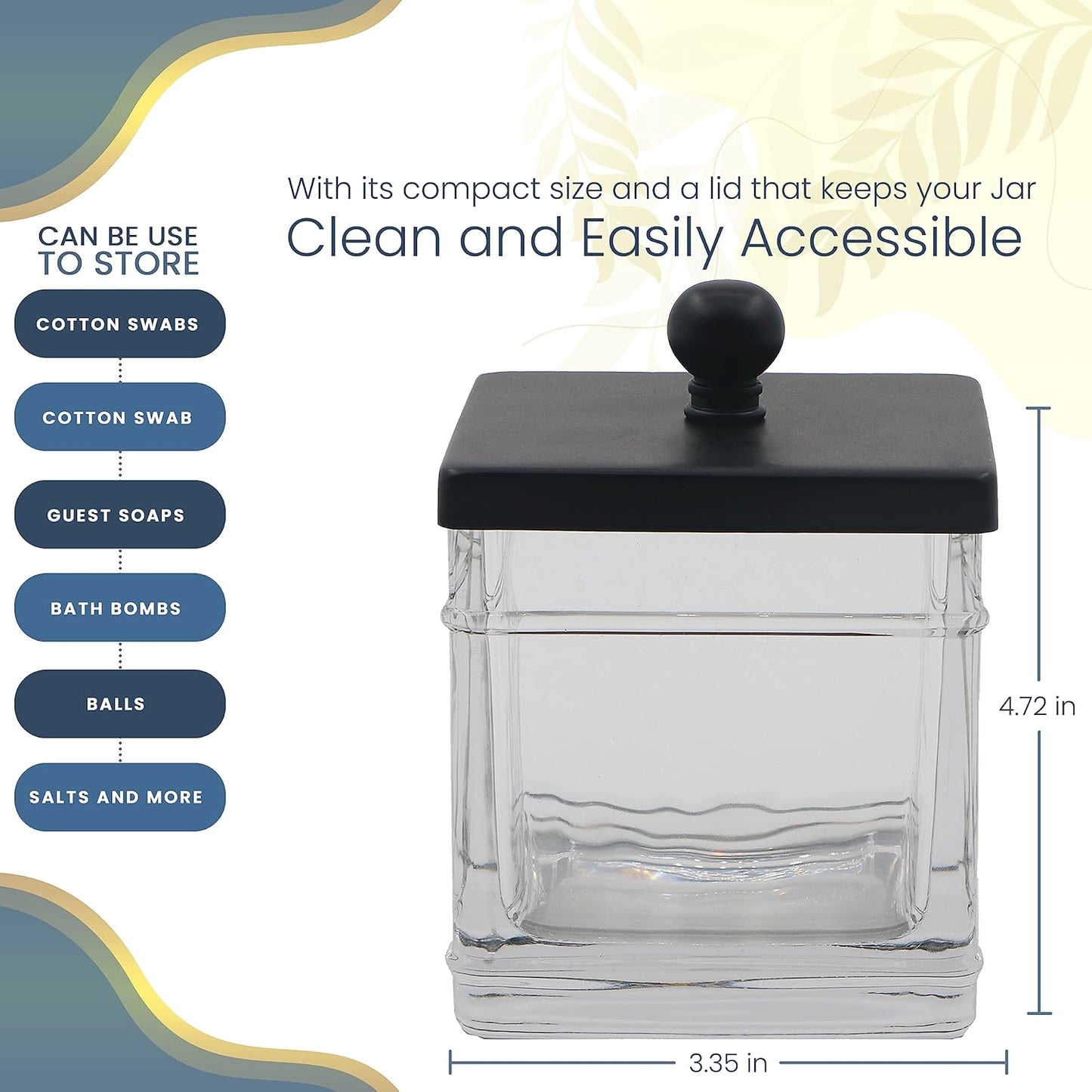Clear Transparent Hotel Style Apothecary Tempered Glass Canister Jar W/ Matte Black Metal Lid Cover, Classic Countertop Organizer for Cotton balls/pads, Floss Picks, Makeup Storage