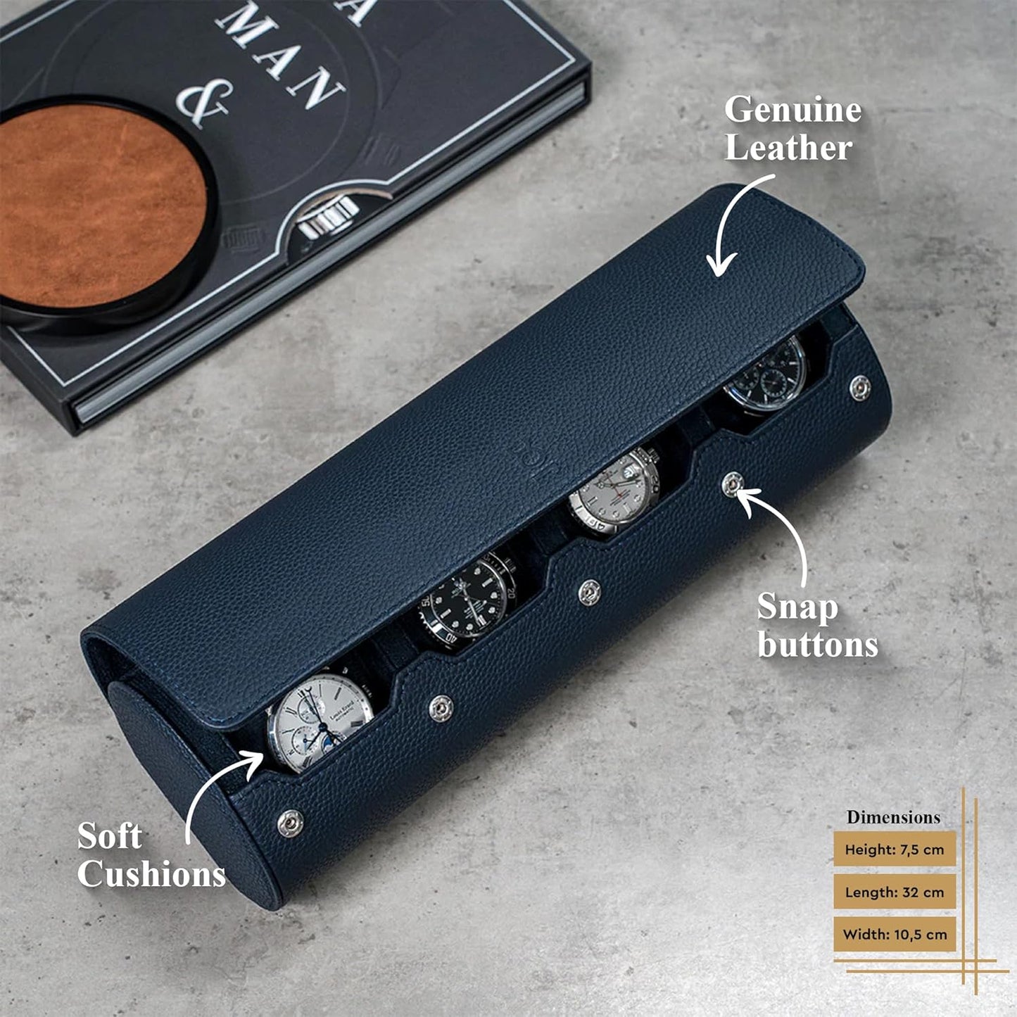 DailyWatch | Watch Roll Travel Case For 4 Watch | Luxury Watch Case In Genuine Leather With Soft Velvet Interior | Watch Case Protect, Store, & Display Your Watches | Navy Blue