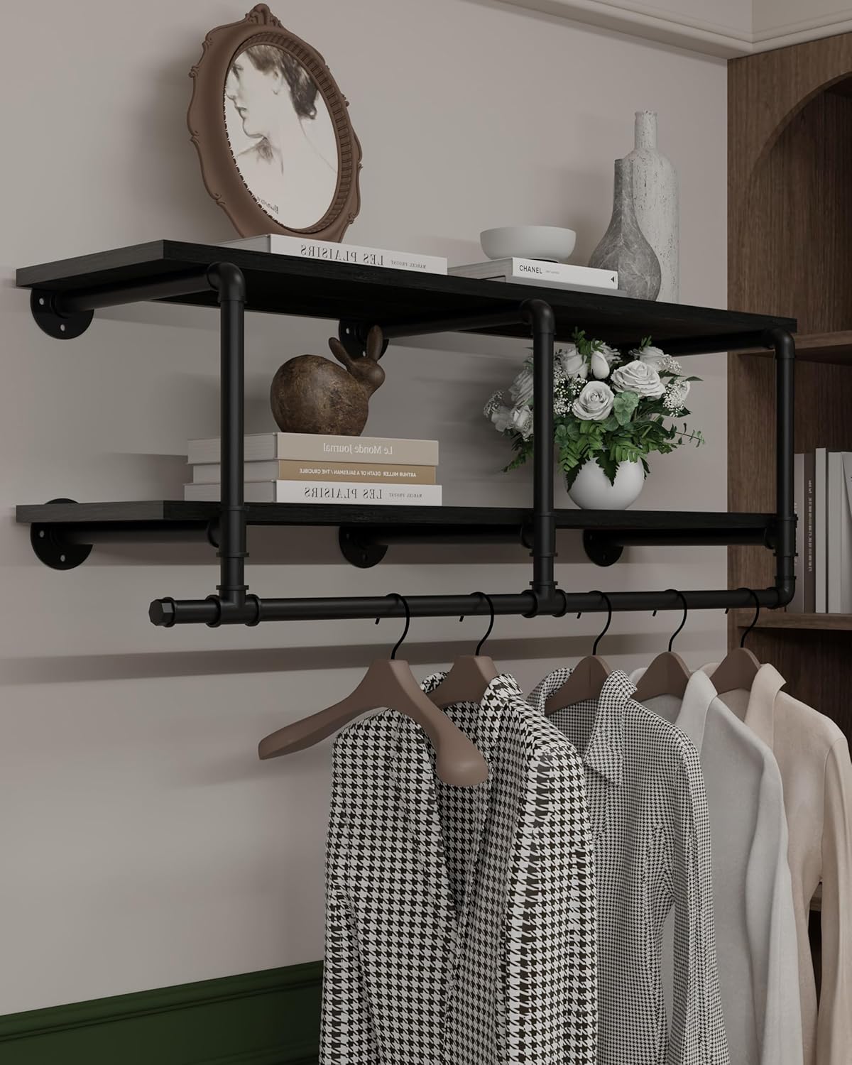 Wall Mounted Clothes Rack 12 Inch Deep, 42in Heavy Duty Garment Rack with Real Black Wood Shelf, Multi-Purpose Hanging Rod & Space-Saving Closet Storage Organizer