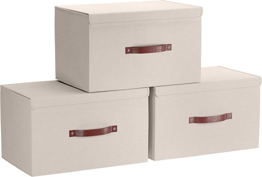 Ornavo Home 3 Pack Collapsible Storage Bins with Lid, Foldable Linen Fabric Shelf Storage Basket Closet Organizer and Large Storage Box for Clothes with Leather Handles, 16.5 x 11.8 x 7.5, Beige