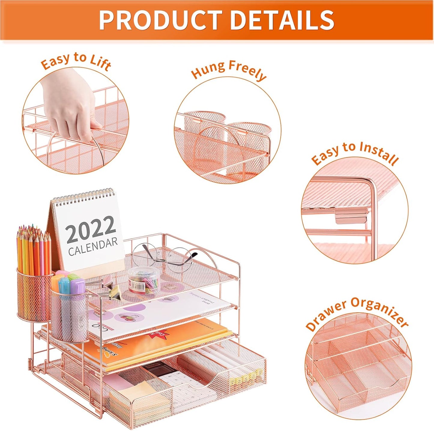 Lavatino 4-Tier Desk Paper Letter Tray Organizer for Desk Accessories & Workspace Organizers with Drawer and 2 Pen Holder for Home, School, Office Supplies Storage (Rose Gold)