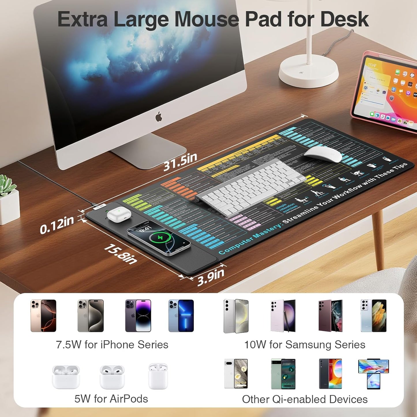 Wireless Charging Mouse Pad with Excel Formulas Shortcuts, 31.5"x15.8" Extra Large Office Spreadsheet Cheat Sheet Desk Mat, Waterproof Ultra-Smooth Surface, Non-Slip Base