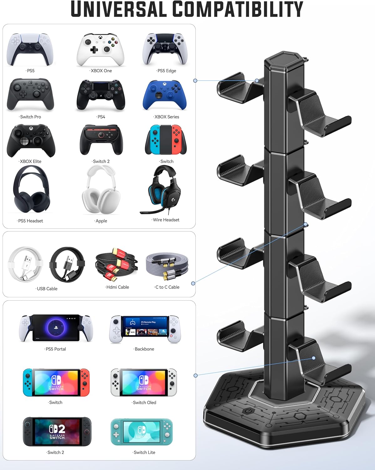 Kytok Headset And Controller RGB Stand for Xbox/ PS5/ PS4 Controller, Headphone & Remote Holder for Desk with 9 RGB Lights & 2 USB 3.0 Ports, Gaming Organizers & Storage Accessories for Gaming Gift