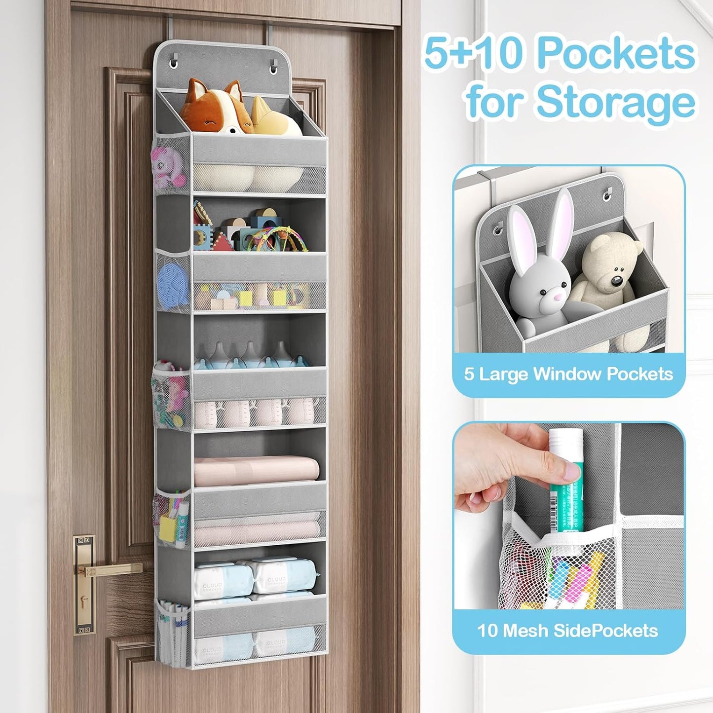 LAMU 5 Tier Over The Door Organizer Hanging, Swing - Proof Closet Behind Door Storage with 5 Large Pocket and 10 Side Pockets, Back of Door Organizers for Bedroom, Nursery and Bathroom (1 Pack, Grey)