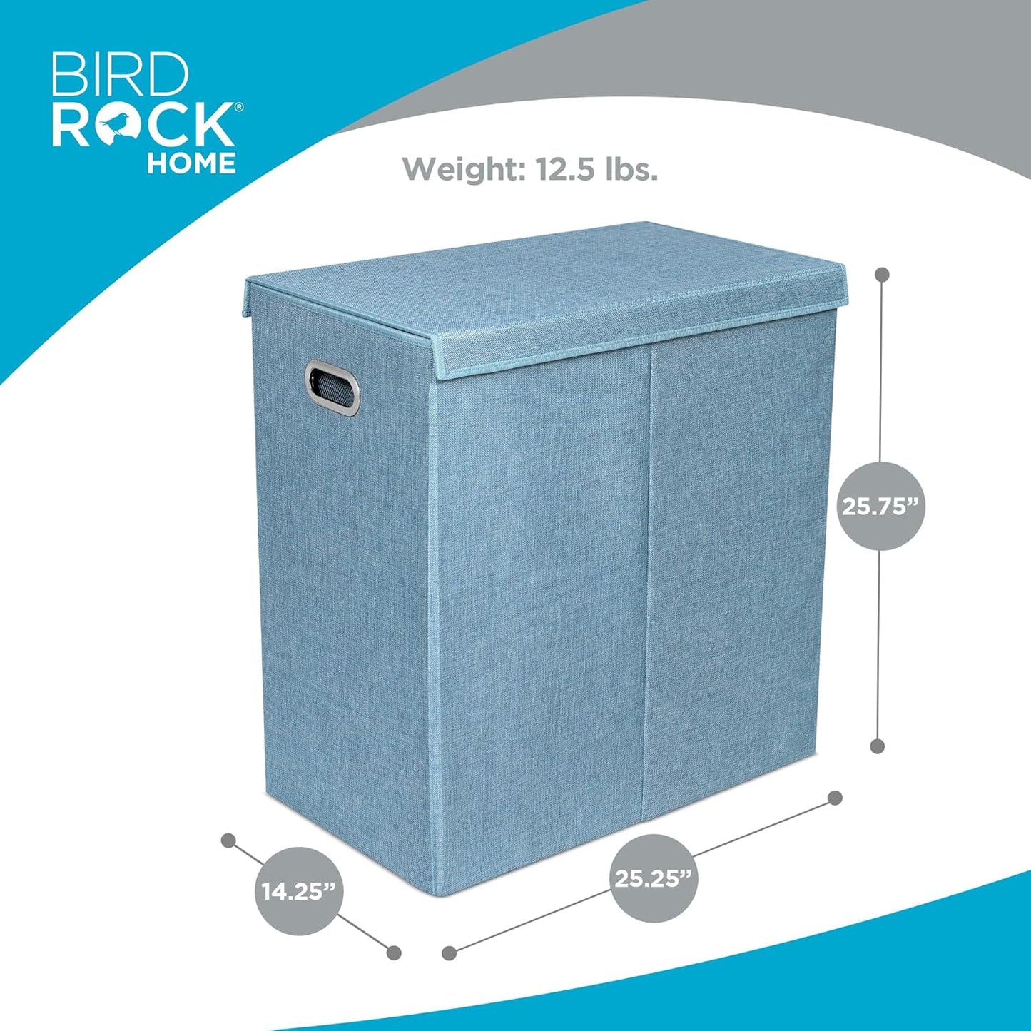 BIRDROCK HOME Laundry Hamper with Lid | Removable Bags for Sorting Clothes | Sectioned Laundry Basket for Bedroom & Bathroom | Collapsible Storage Bin with Cover | Double, Light Blue