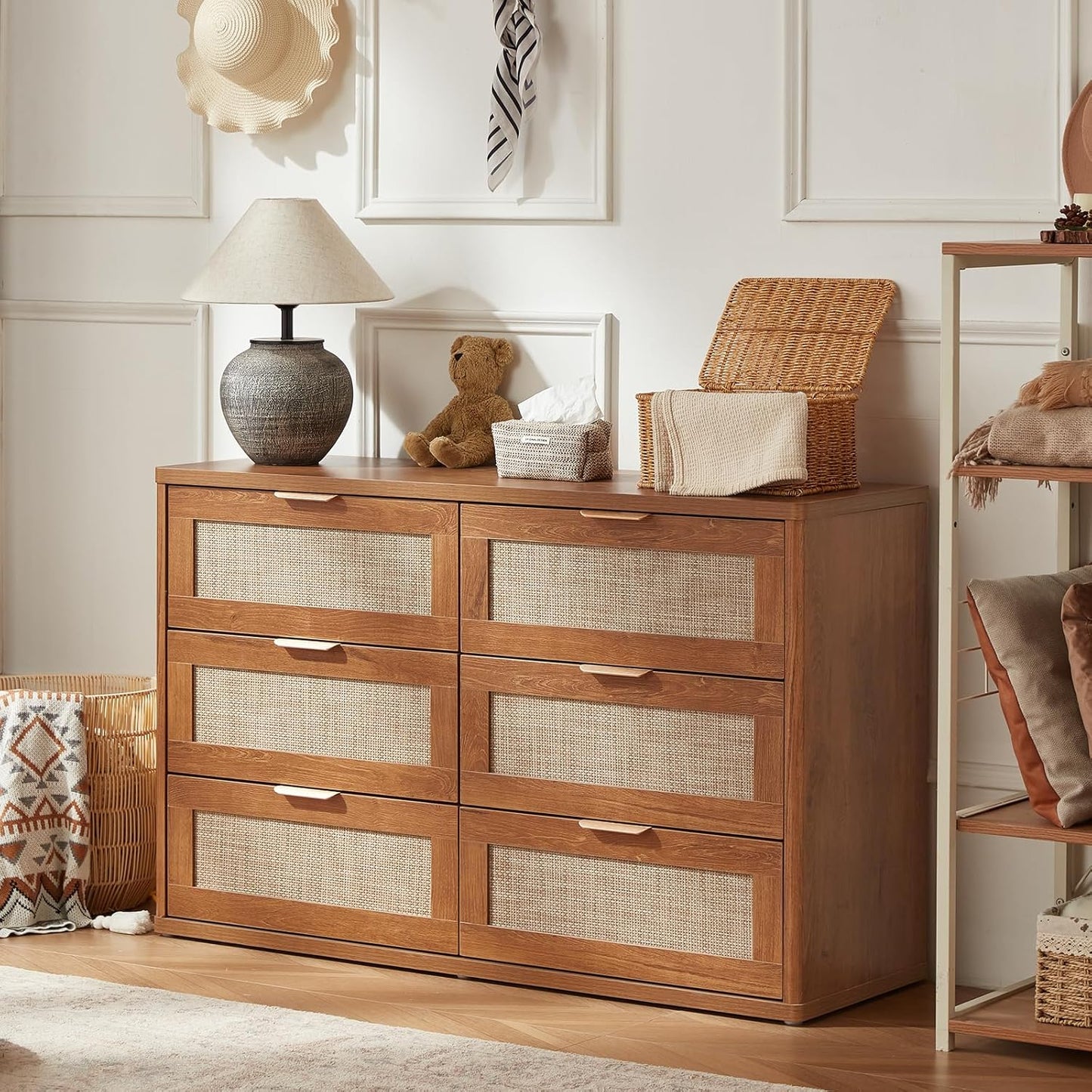 LEYAOYAO Rattan Dresser for Bedroom Set of 2, Boho 48" Wide 6 Drawer Dresser Chest of Drawers, Wood Dressers TV Stand with Metal Handle, Storage Dressers Closet Organizer for Living Room, Hallway
