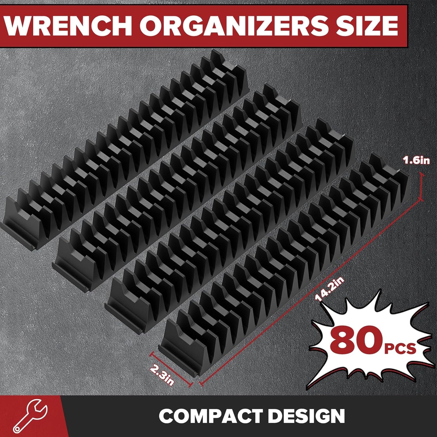 80PCS Modular Wrench Organizer Wrench Holder - Wrench Tool Organizers for Tool Drawer Storage, Wrench Storage Set with Metric & SAE Label, Rack Tool Gift for Professional Mechanics Men, Black