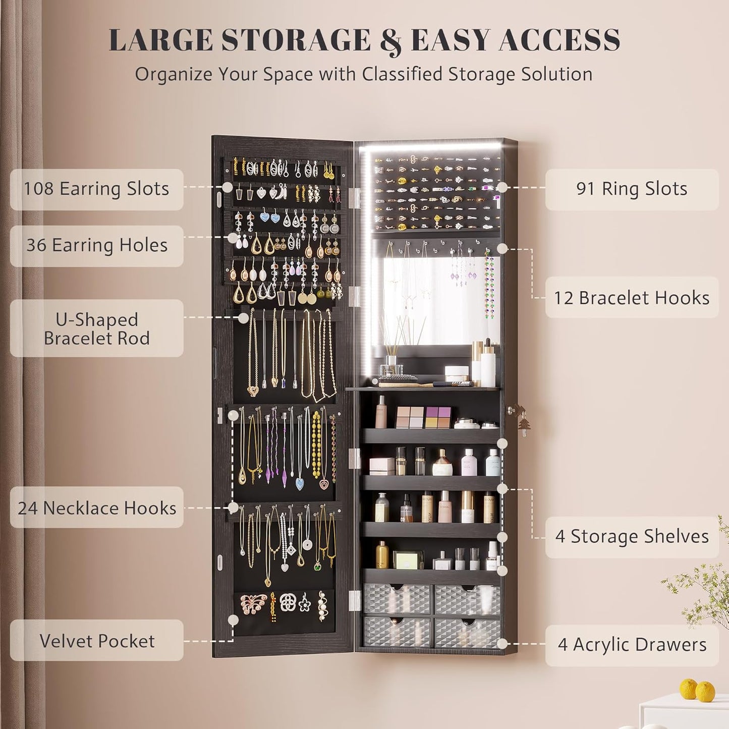 Vlsrka 47.2" LED Jewelry Armoire Organizer, Wall/Door Mounted with Full Length Mirror, Large Storage Hanging Cabinet, 4 Drawers, 5 Shelves, Built-in Lighted Mirror (Wood Black)