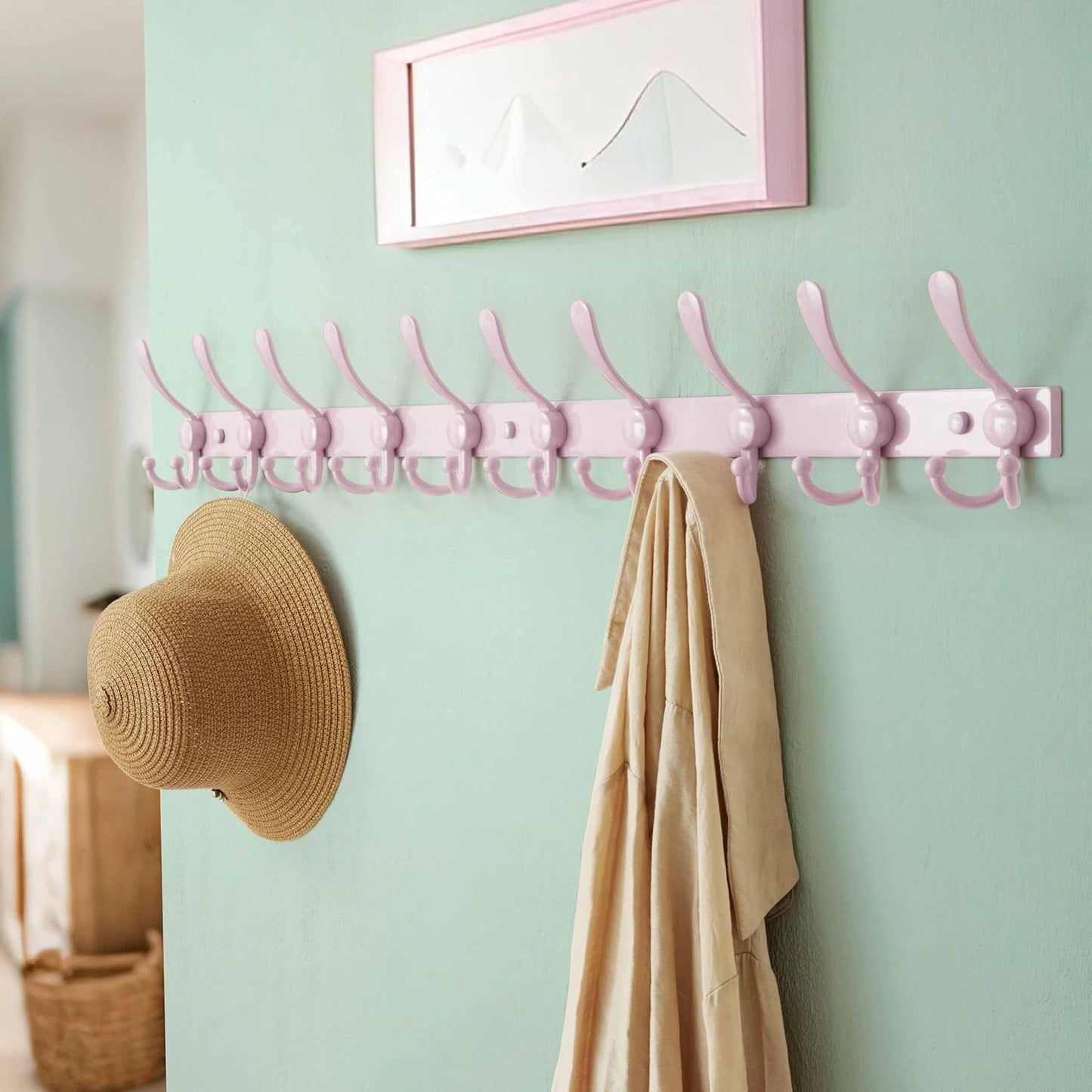 Dseap MaxStrong 2.0 Coat Rack Wall - 37” Long 10 Tri Hooks - Ultra Heavy-Duty Stainless Steel Wall Mount Coat Hanger, Hook Rail for Clothes Hats Jacket Towels Pink, Pack of 2