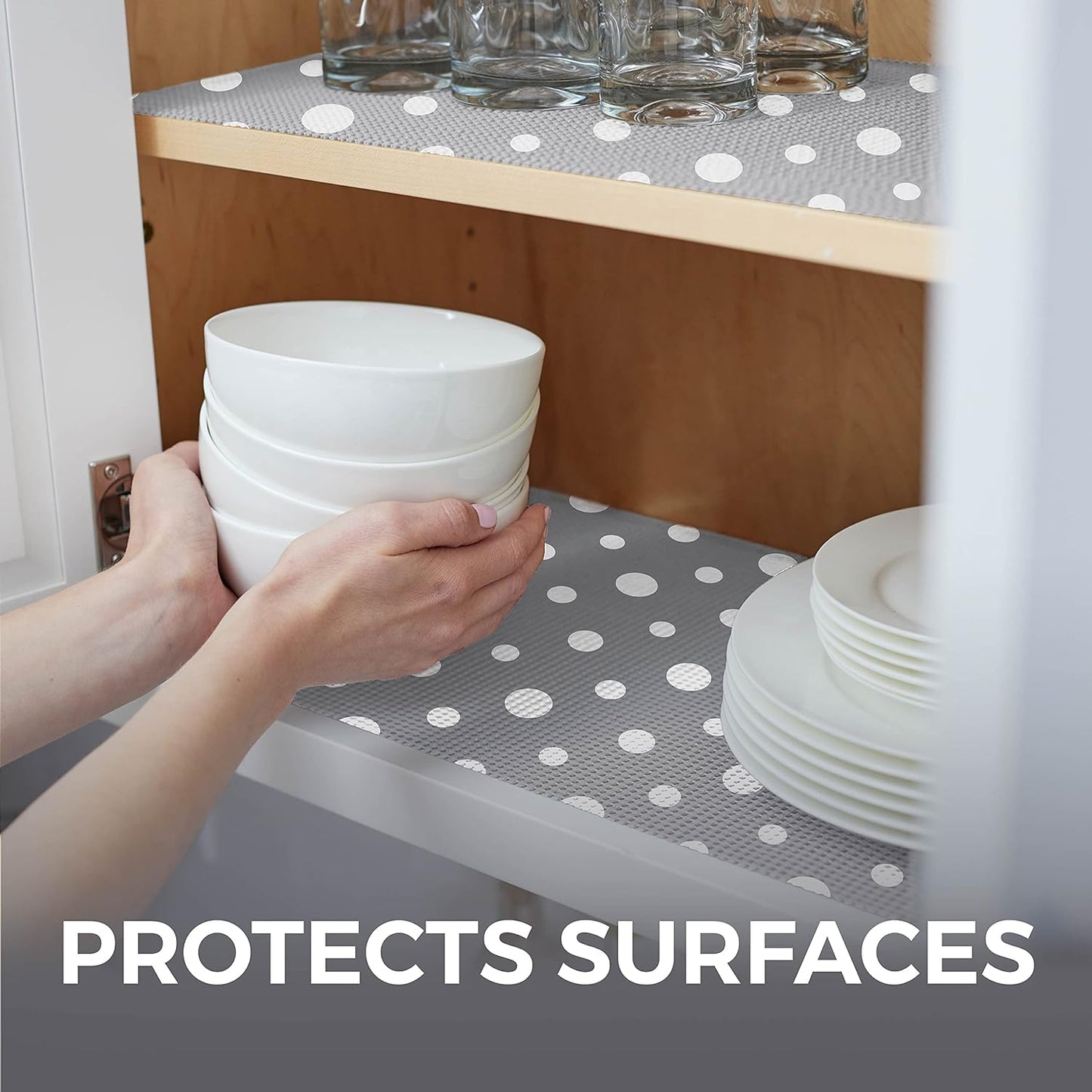 HOME GENIE Shelf Drawer and Cabinet Liner, Durable with Strong Grip, 17.5 in x 10 FT, Non Adhesive Liners Protect Kitchen Cabinets and Cupboard, Bathroom Drawers and Shelves, Desks, Dots Gray White