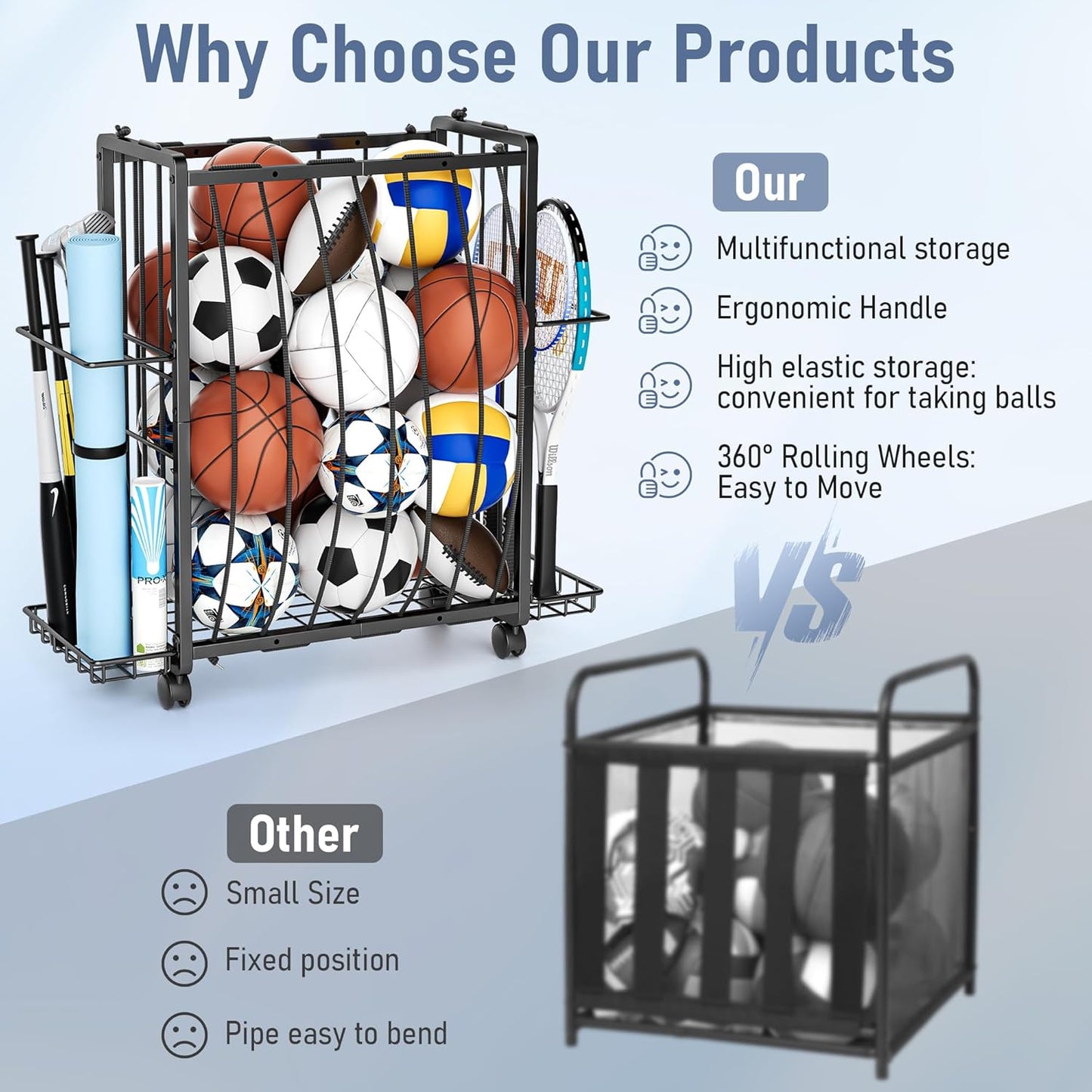 Sports Equipment Garage Organizer,Garage Ball Storage Rack for Sports with Wheels-Upgraded 3 Layers Organizer Rack Outdoor Basketball Racks for Balls with Holder and Hooks (Bright Black)
