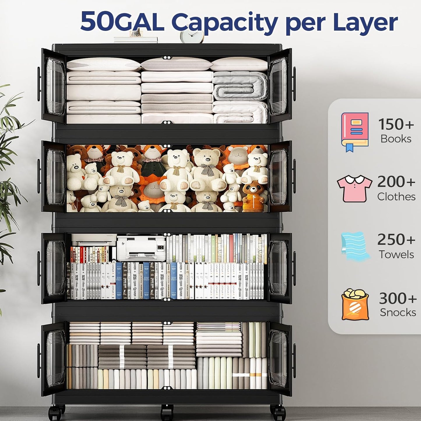 250 Gallon Extra Large Storage Bin with Lid and Wheels, Stackable Collapsible Plastic Storage Box with Door, Foldable Organizer for Closet, Kitchen, Office, Living Room, 5 Pack Black