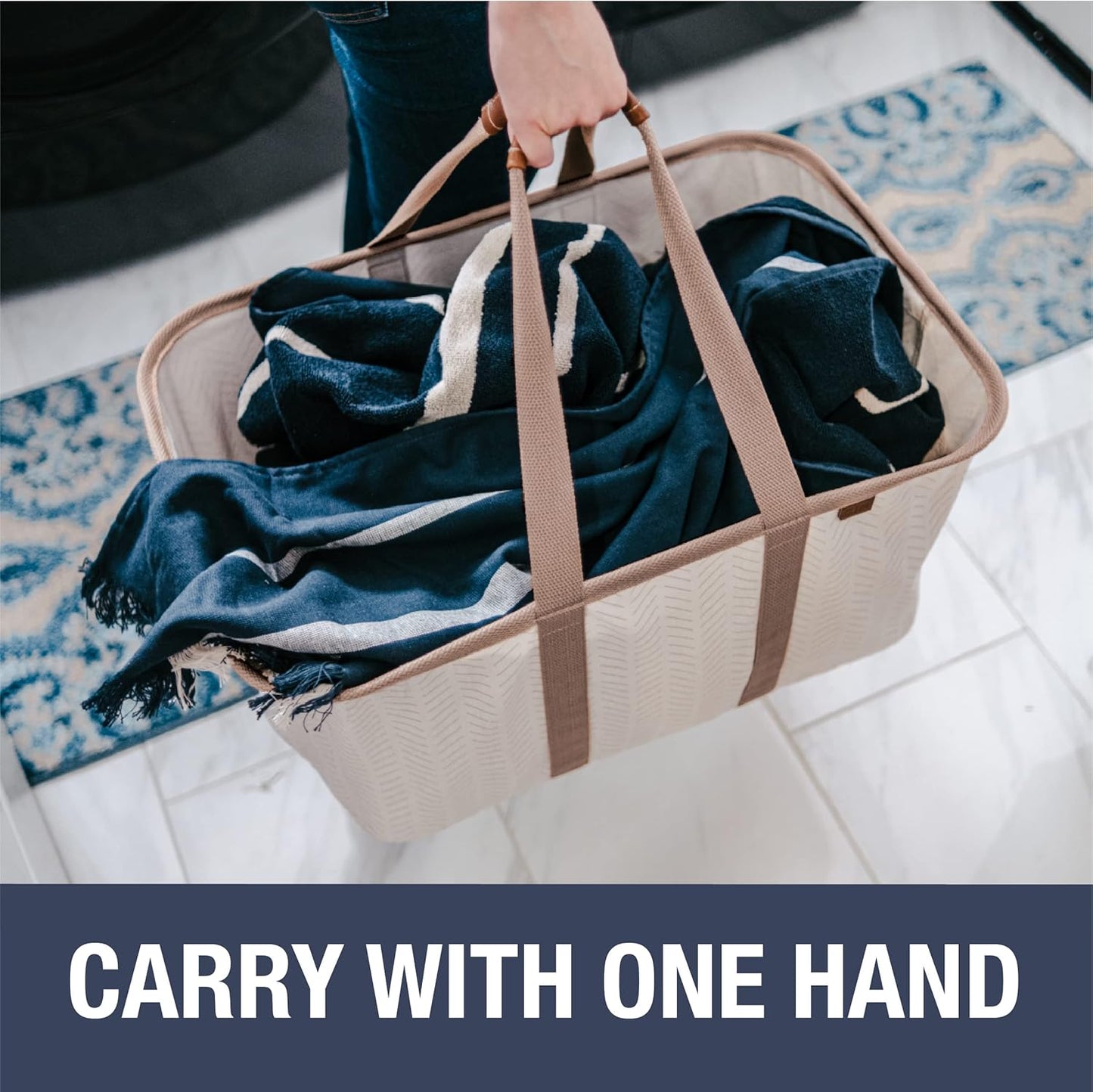 CleverMade Collapsible Laundry Tote - LUXE Cream Herringbone 2Pack 50L -Foldable Storage Organization Container Clothes Laundry Room Storage Solution