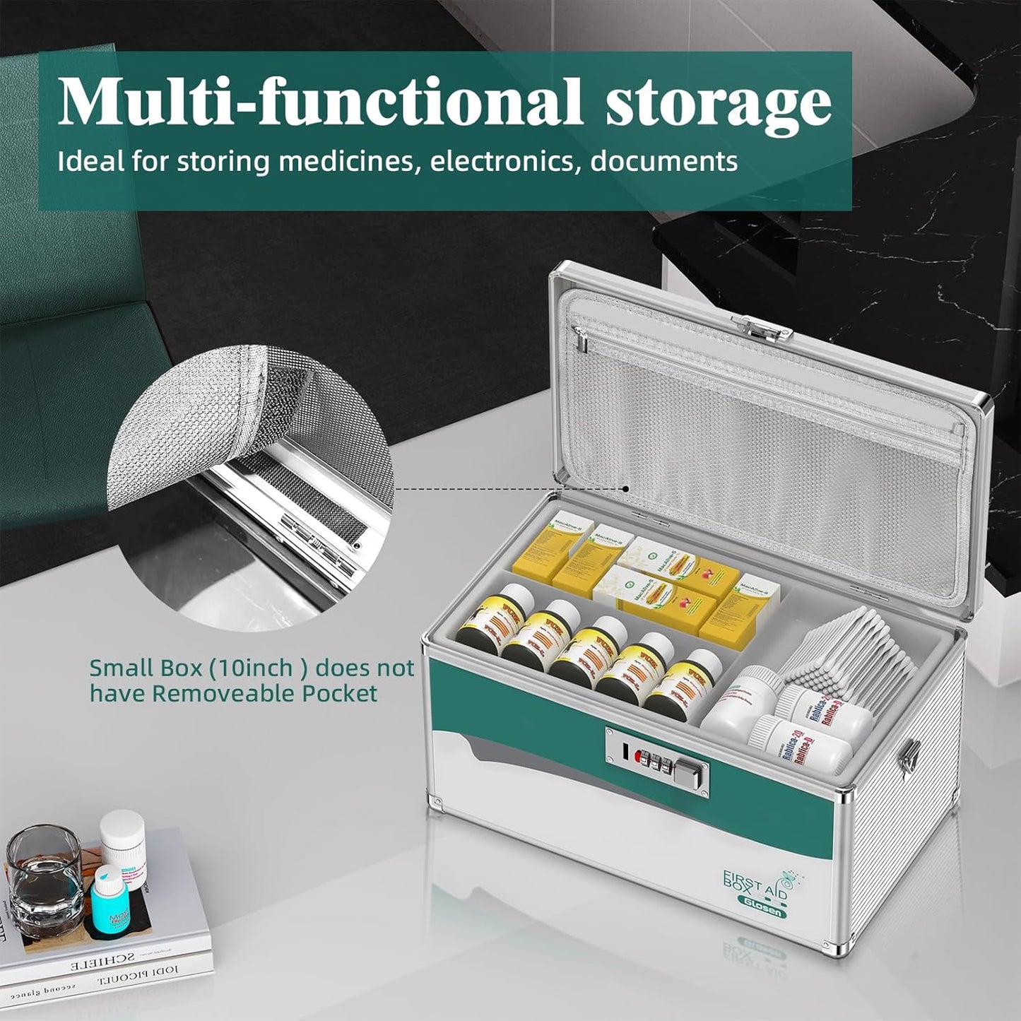 Glosen Medicine Lock Box with Combination Lock,Medication lock box【Large 14x 8.5 x 7.5 Inch】,medical box organizer
