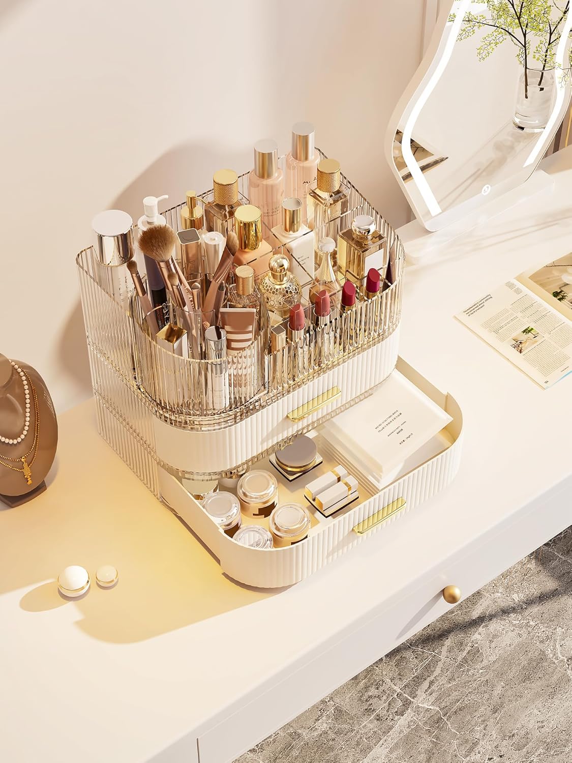 360° Rotating Makeup Organizer with Drawer, Clear Acrylic Cosmetic Storage Display, Stackable Beauty Counter (Clear, Large (Tray + 1 Drawer))