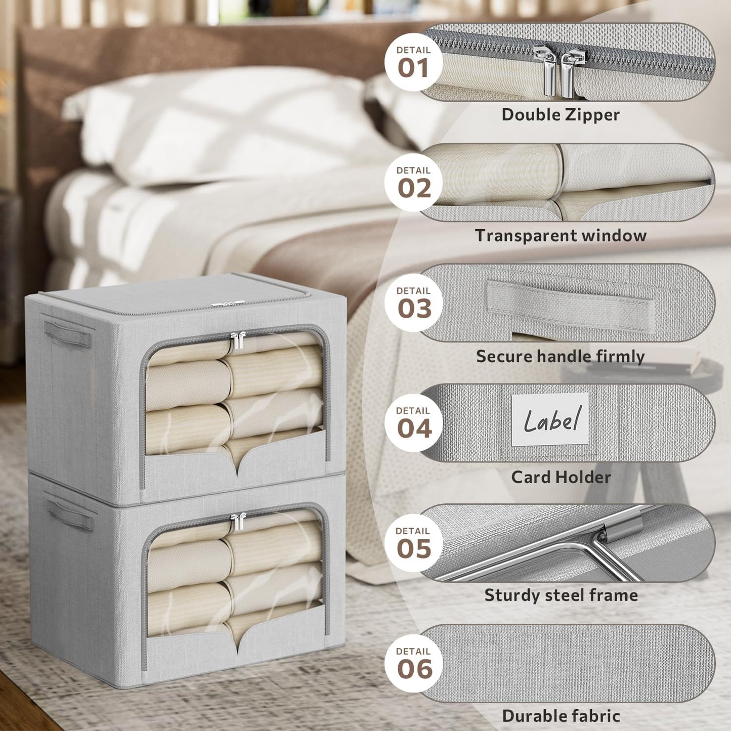 FHSQX 3 Pack Clothes Storage Bins Foldable Metal Frame Storage Box Extra Large Stackable Linen Fabric Organizer Set with Carrying Handles and Clear Window (Light Gray, 23.6x16.5x15.7inch(100L))