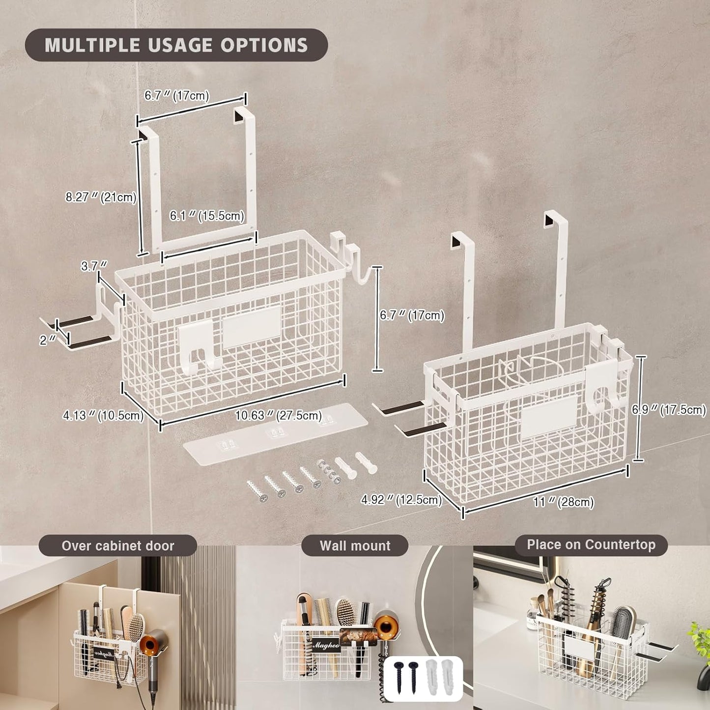 Hair Dryer Holder Cabinet Door 3-in-1 Adhesive Hair Tool Organizer Wall Mounted Adjustable Height Blow Dryer Holder Under Sink Bathroom Hair Appliance Organizer and Storage Countertop(White)