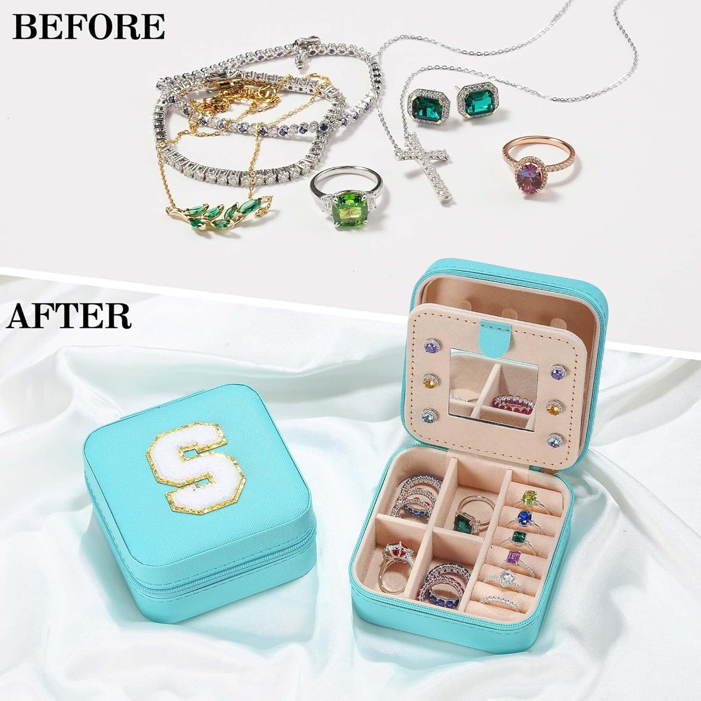 Parima Gifts for Mom - Small Travel Jewelry Box, Travel Jewelry Case with Mirror for Necklace Earrings Rings Organizer | Birthday Gifts Christmas Travel Gifts for Mom - Letter F, Aqua Blue