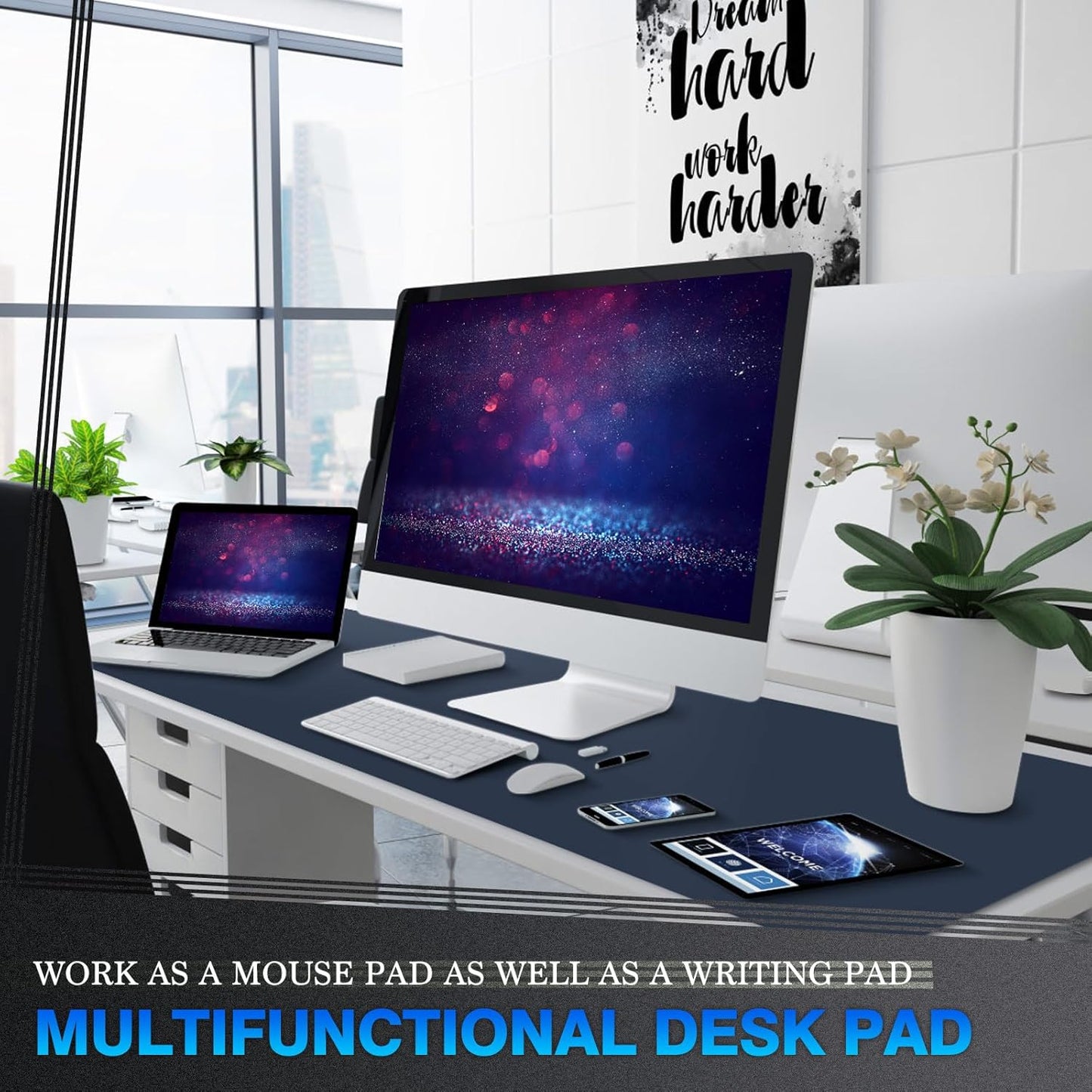 K KNODEL Large Office Leather Desk Mat, Mouse and Keyboard Pad, Computer and Laptop Mat, Desktop Protector and Cover, Writing Pad and Blotter (47.2"x23.6", Dark Blue)