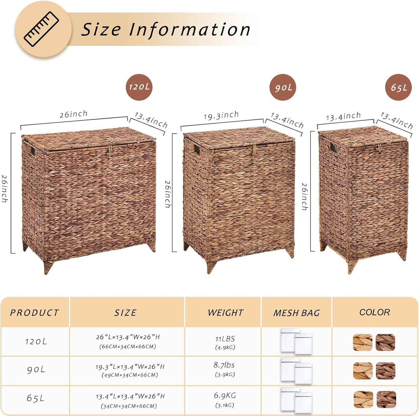 Large Laundry Hamper with Lid, Handwoven Hyacinth Rattan Clothes Hamper with Removable Liner Bag, Heightened Feet Wicker Laundry Basket for Bathroom, Bedroom, Living Room and Laundry