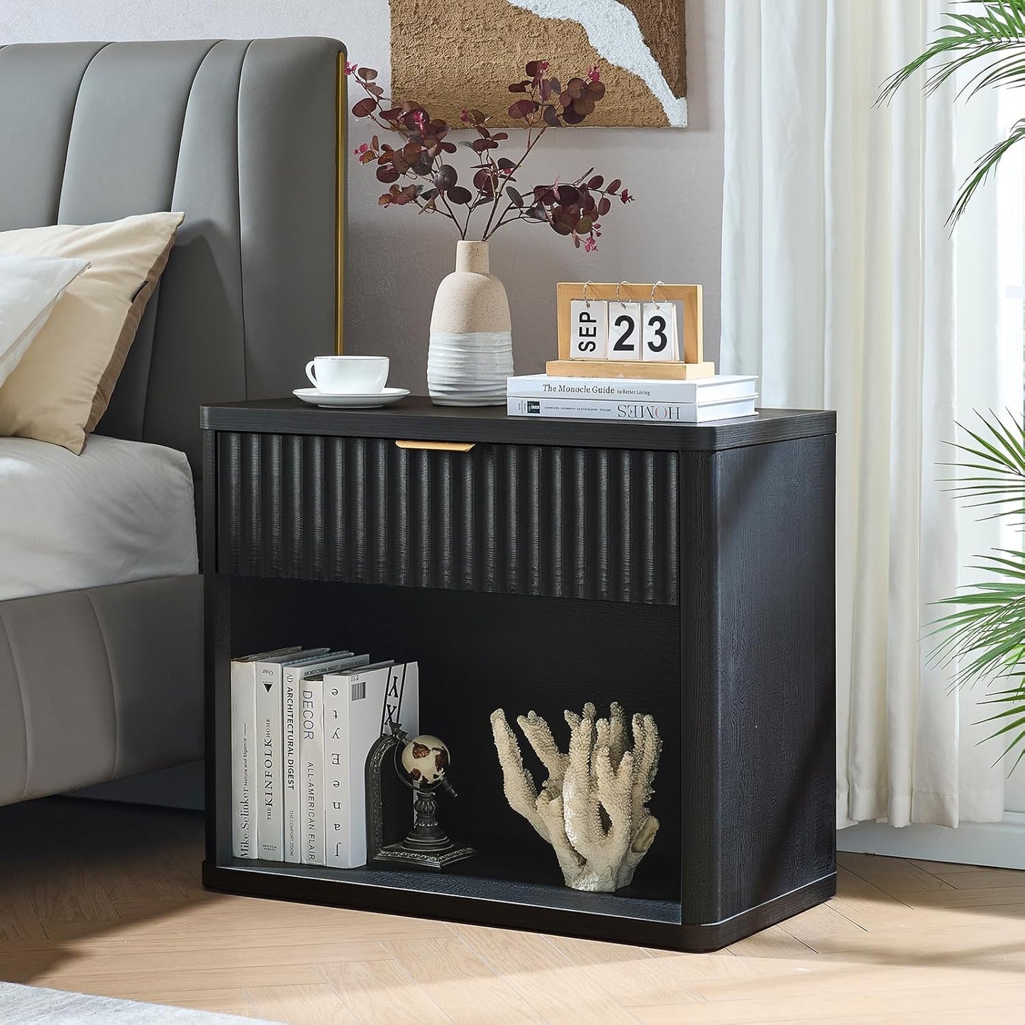 LEYAOYAO 31" Wide Fluted Nightstand with Charging Station, Oversized Extra Large 1 Drawer Night Stand with Golden Handle, Black Wood Bedside Table Tall End Tables,for Bedroom, Living Room, Hallway