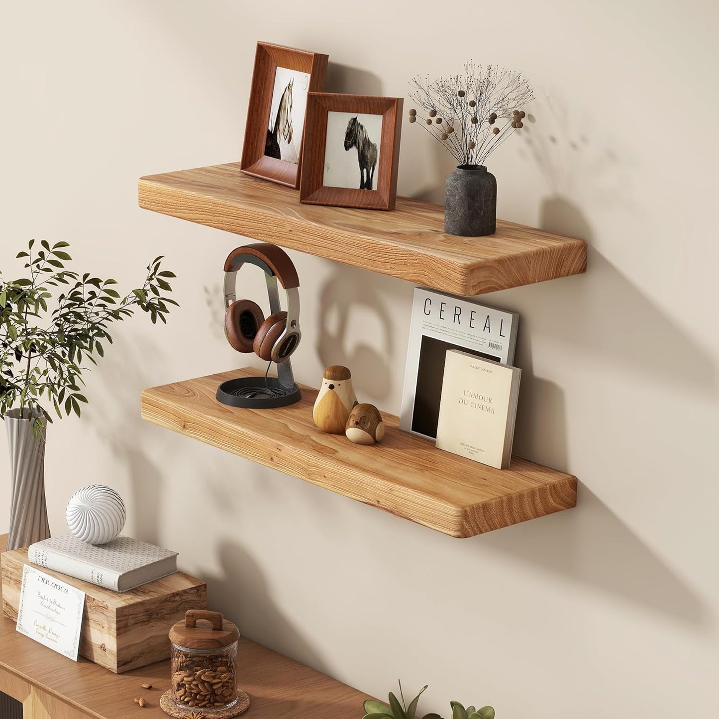 Fun Memories 24 Inch Floating Shelves, Solid Elm Wood Wall Shelf for Home Decor, Rustic Bathroom Shelves Set of 2, Heavy-Duty Storage Shelf for Kitchen, Bedroom, Living Room