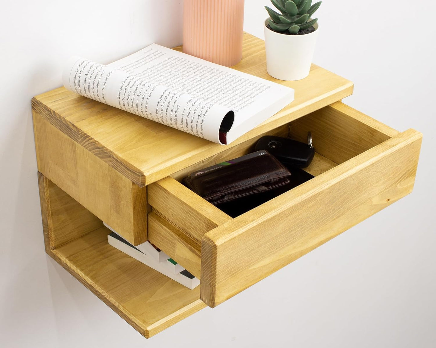 Floating Nightstand Side Accent or End Table with Storage Drawer, Wood Bedside Shelf, Handmade Floating Table (Madrid)