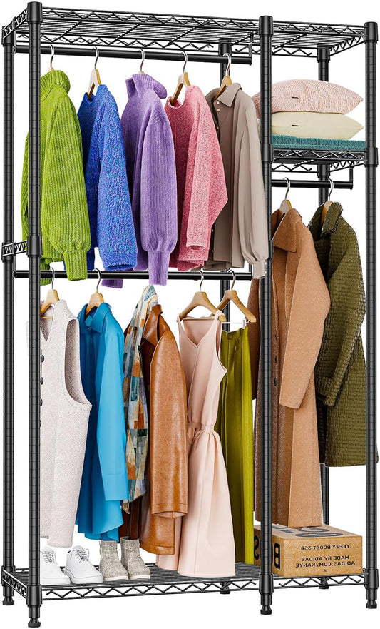 Heavy Duty Rolling Garment Rack 3 Tiers Adjustable Wire Shelving Clothes Rack with 1 Rods and Side Hooks,Storage Closet Clothing Rack Black 15.7" D x 43.3" W x 76.5" H