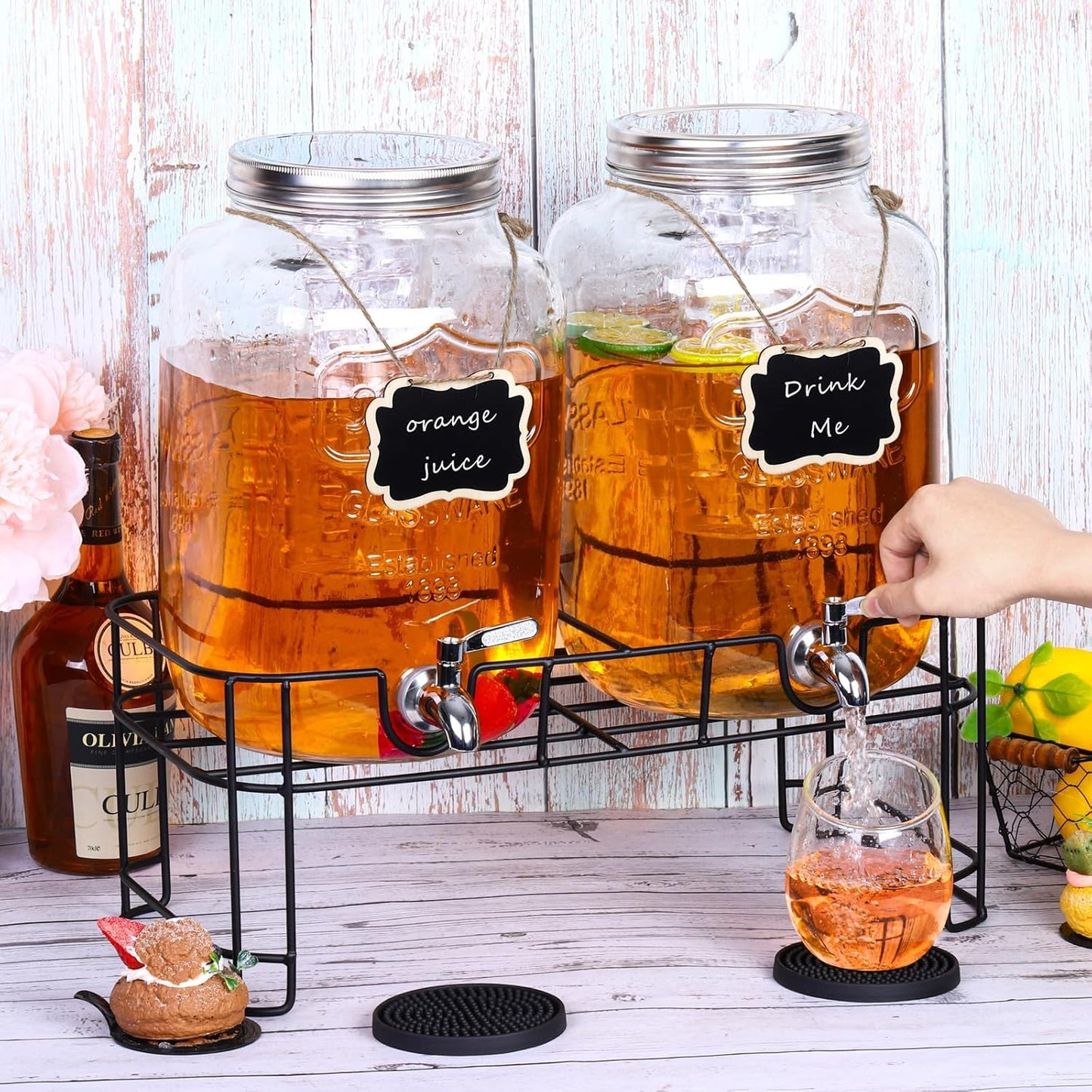 TURSTIN 2 Pcs 2 Gallon Glass Beverage Drink Dispenser with Stand Dual Beverage Dispensers with Ice Cylinder Steel Spigot Hanging Chalkboard Signs Drip Trays Drink Juice Dispenser with Lids for Parties