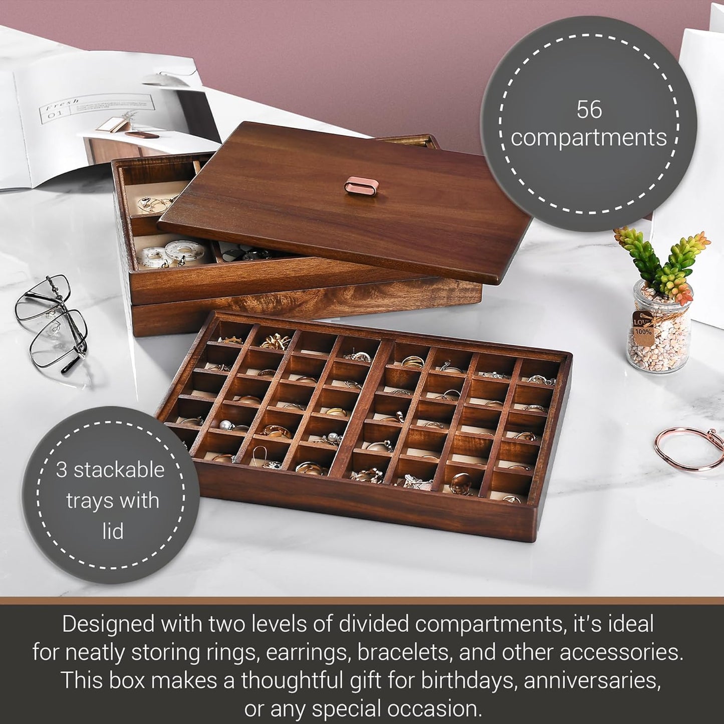Shanik Custom Engraved Jewelry Box for Women – 3-Tier Stacked Organizer with Rearrangeable Grid Slots for Rings, Necklaces & Earrings