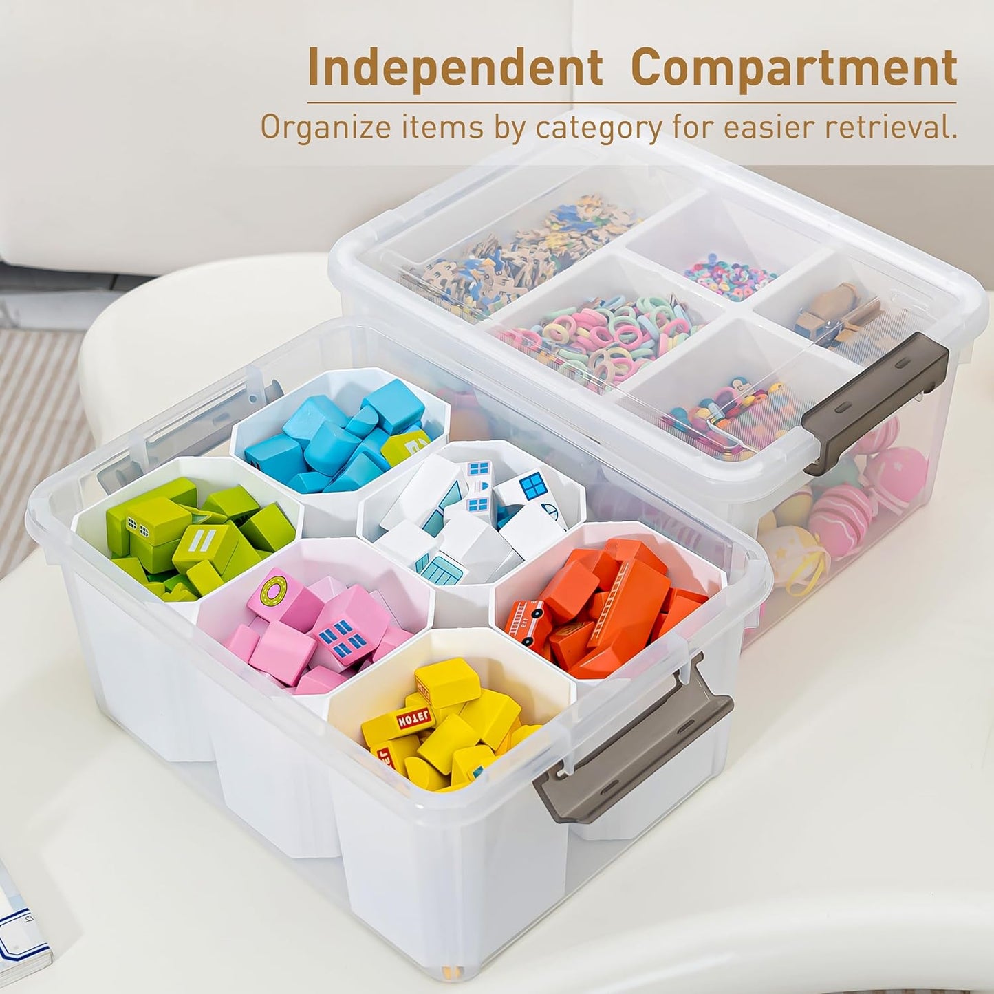 Citylife 17 QT Plastic Storage Box with Removable Tray and 6 Detachable Tall Inserts Craft Organizers and Storage Clear Storage Container for Organizing Crayon, Craft, Sewing, Playdoh, 2 Packs