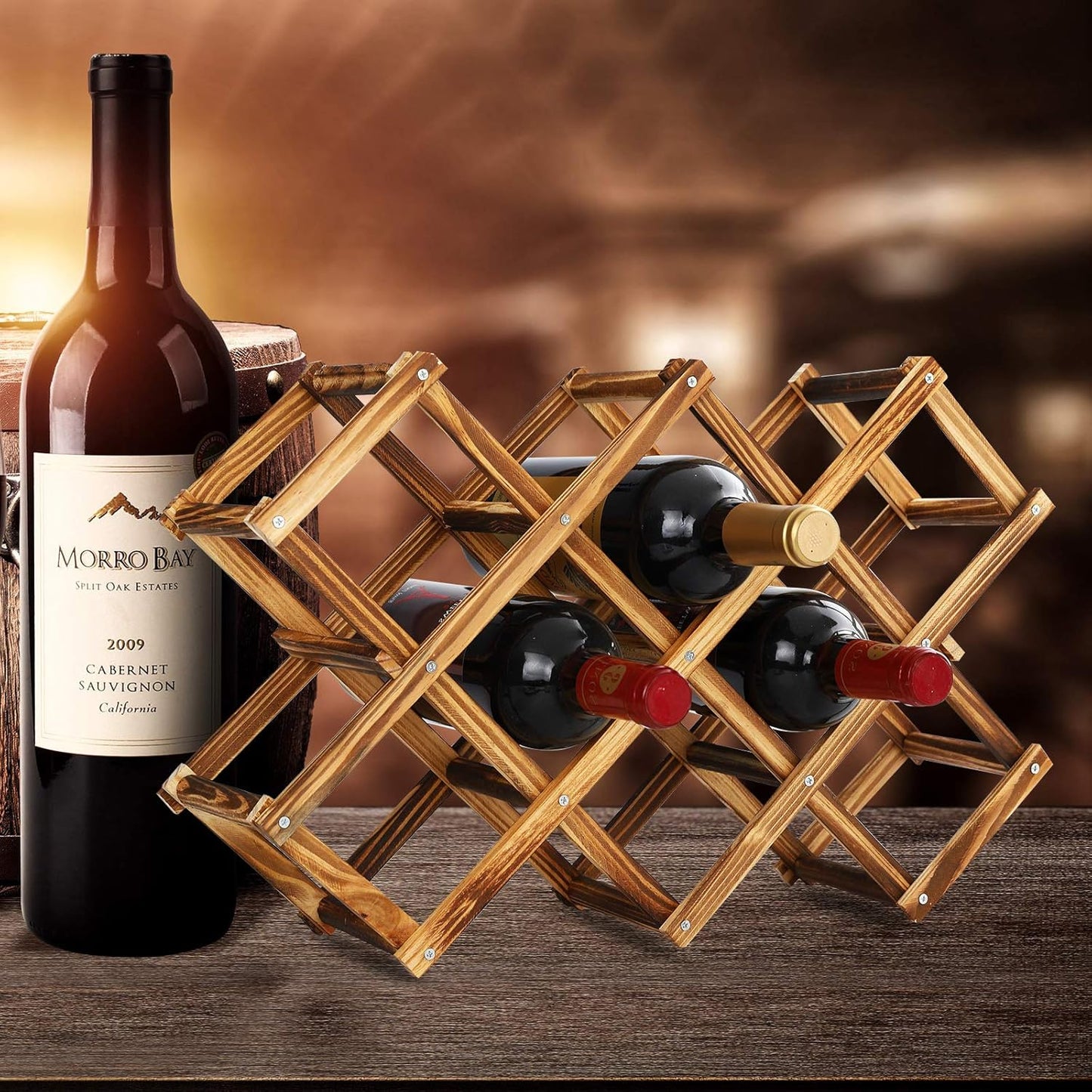 Freestanding Wine Rack, Holds up to 10 Bottles, Foldable Countertop & Cabinet Wine Holder – Wine Rack for Red Wine, Water Bottles, and Drink Storage, No Assembly Required