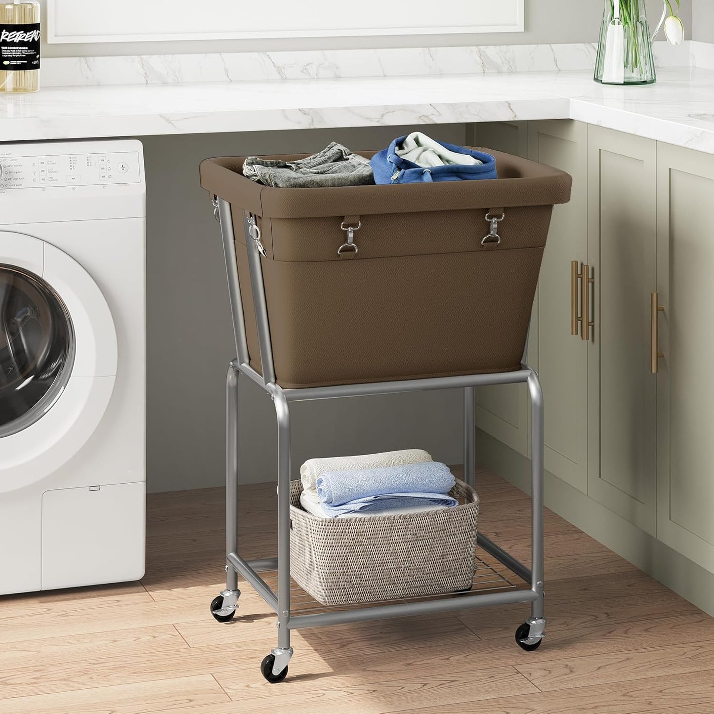 ELYKEN Laundry Cart with Wheels, Rolling Laundry Hamper with Removable Bag and Shelf, Metal Frame Laundry Basket with 4 Casters and 2 Brakes, Ideal for Bedroom, Bathroom, Laundry Room, Camel Brown
