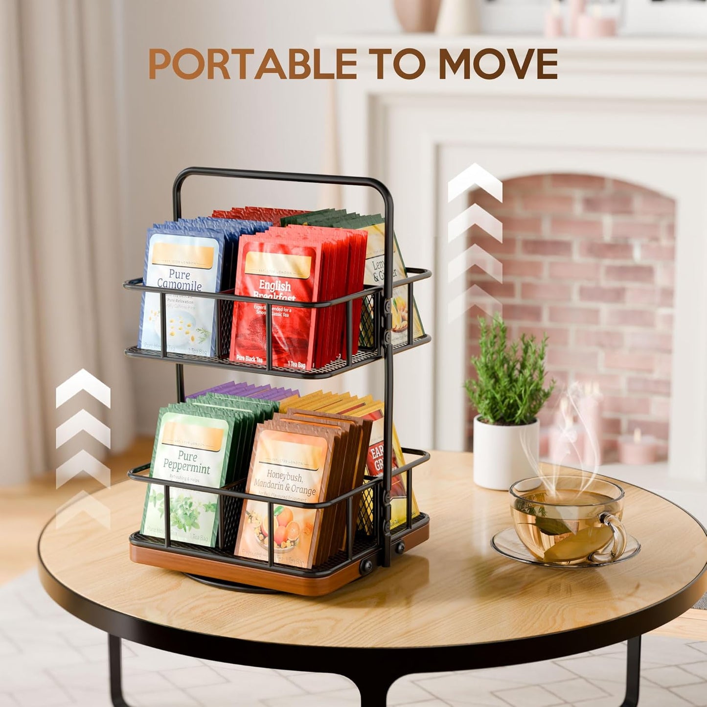 Rotation 2 Tier Tea Bag Organizer, Iron Art Tea Organizers, Acacia Wood Stand Teabag Holder with Handle Easy to Move and 8 Basket Tea Caddy for Tea Bags Organizer for Pantry, Kitchen, Gift Giving