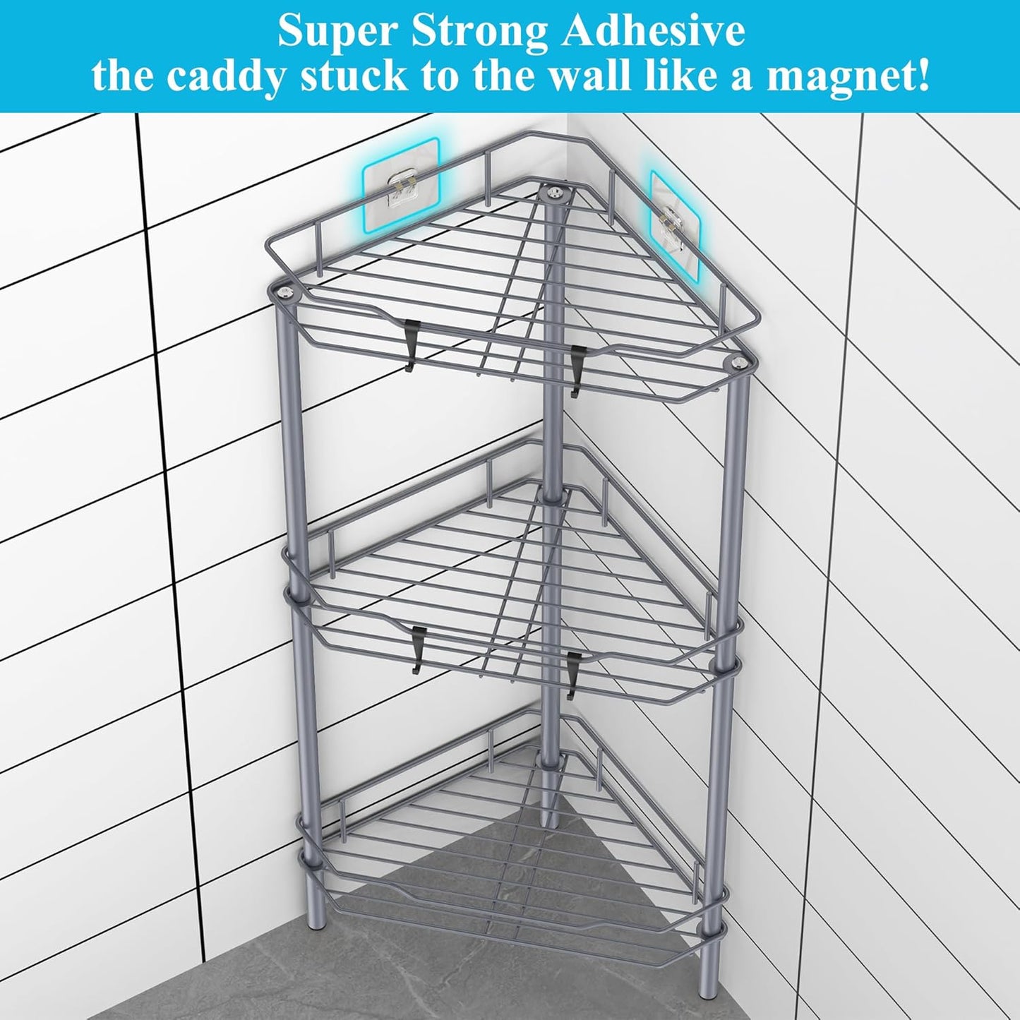 3 Tier Floor Standing Corner Shower Caddy Organizer Shelf with Hooks, Bathroom Shelves Stand Rack, Dark Gray