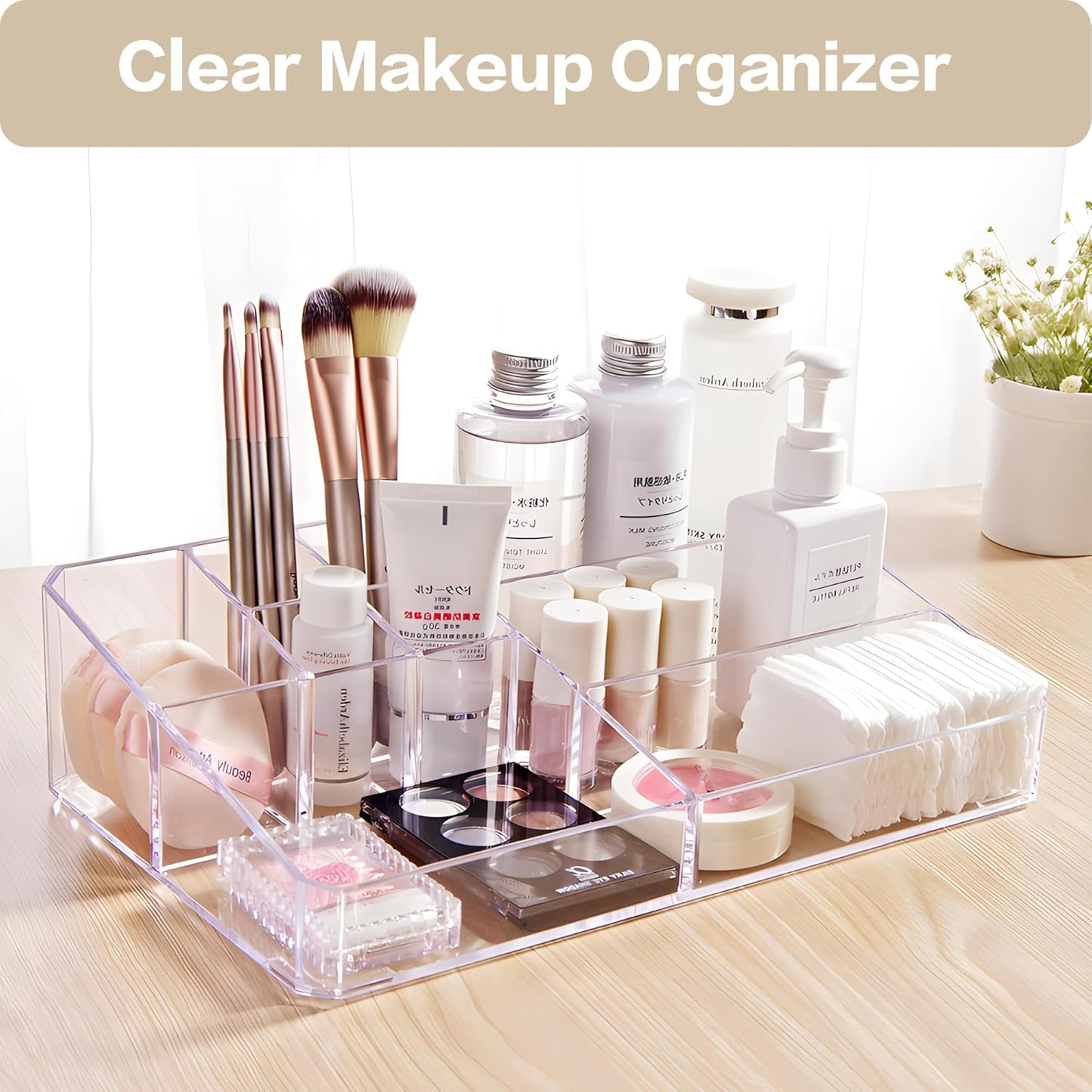 Clear Makeup Organizer, Makeup Brushes Storage Case, Cosmetic Display Case Tray, Tiered Skincare Organizer, Acrylic Lipstick Holder Countertop Desk Brush Organizer for Bedroom Vanity