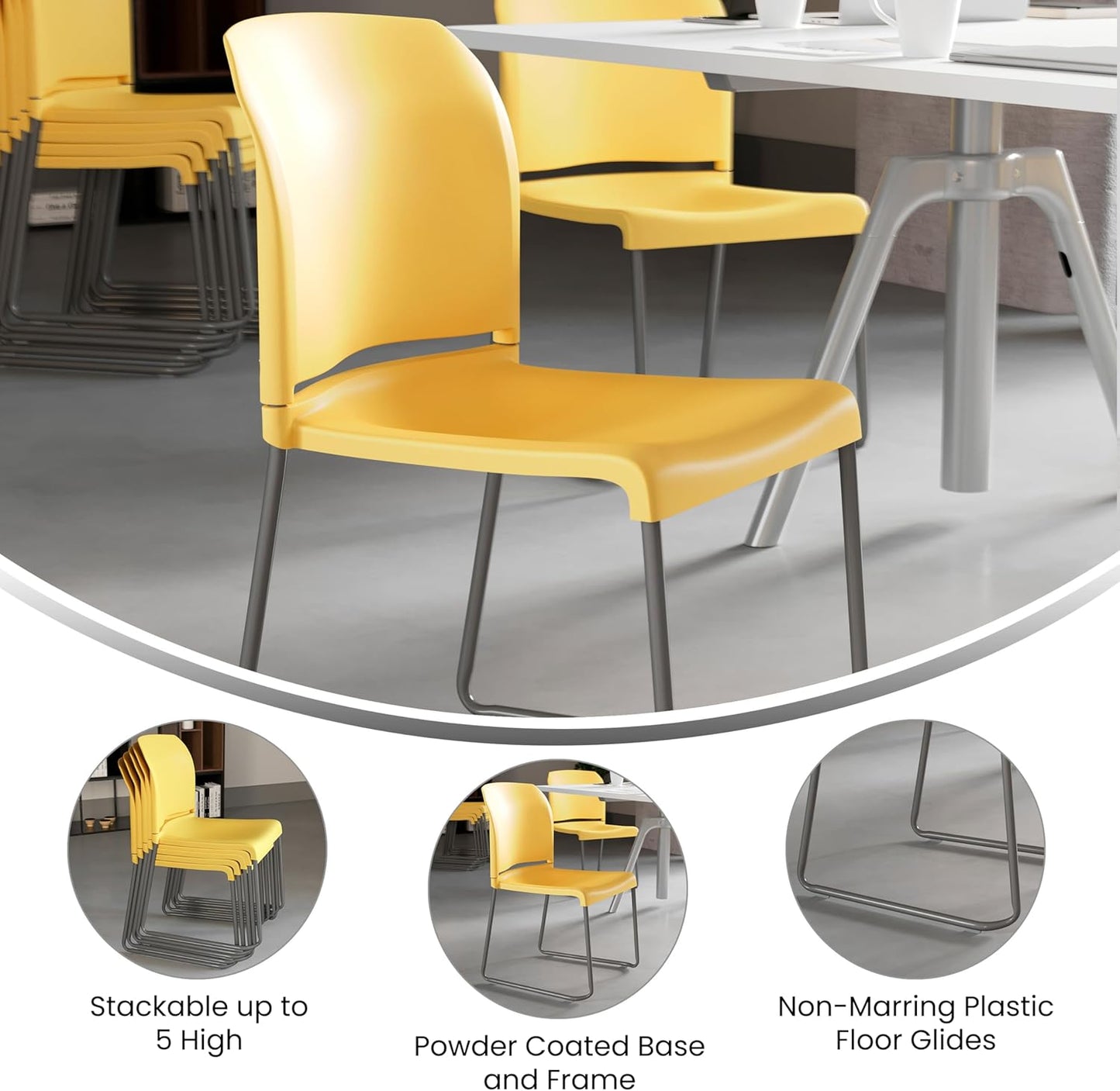 Flash Furniture HERCULES Series 880 lb. Capacity Yellow Full Back Contoured Stack Chair with Gray Powder Coated Sled Base