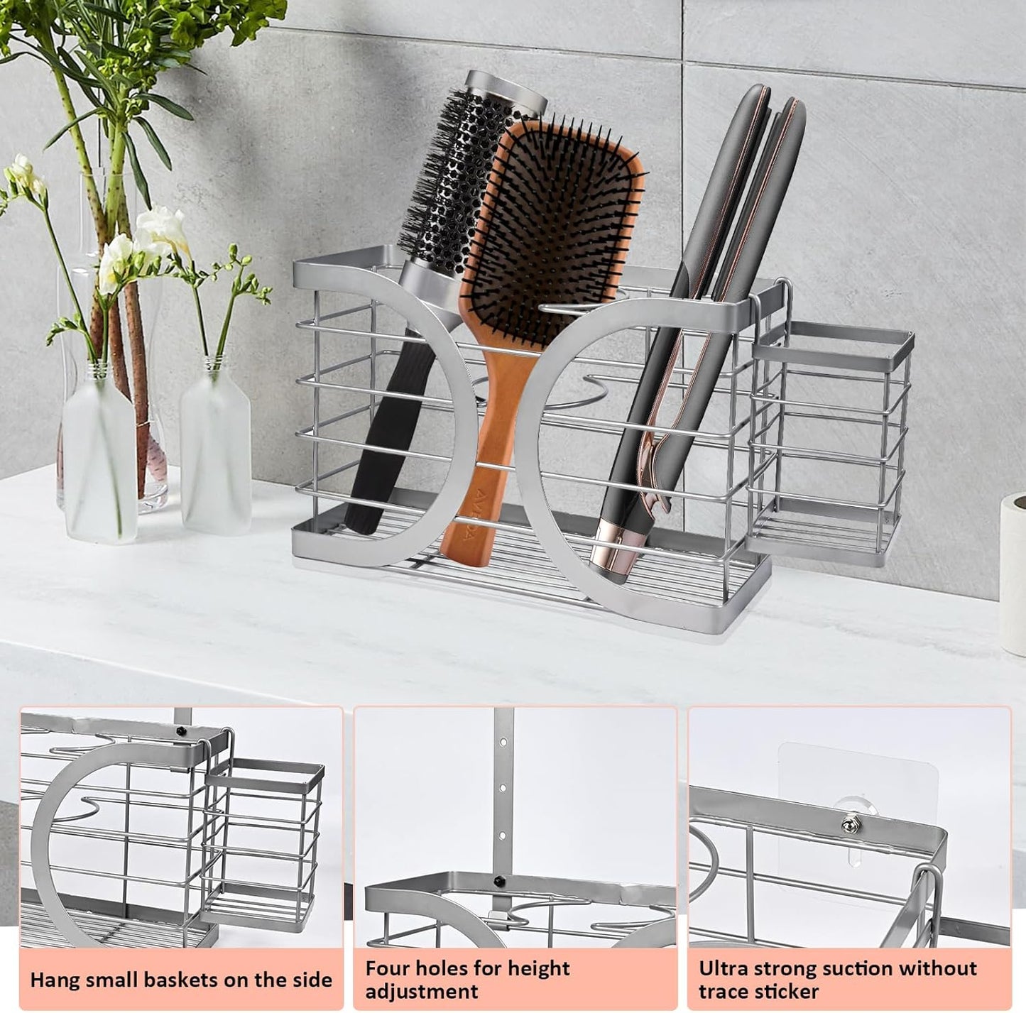 Elegant Light Gray Wall Mounted Hair Dryer Holder - Stylish Bathroom Organiser for Hair Dryer & Straightener, Hair Brush & Accessories