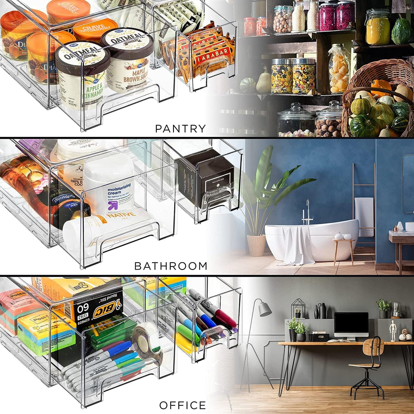 Sorbus Large Clear Stackable Storage Drawers – 6-Pack Plastic Organizer Bins with Handles – Stackable Pull-Out Storage Drawers for Closet, Pantry, Office, Bathroom, Craft, and Toy Organization