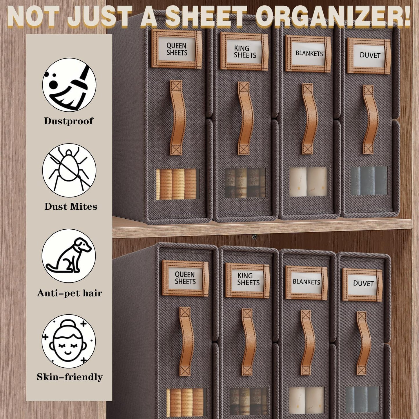 Bed Sheet Organizers and Storage (4 Pack, Queen & King Size) – Foldable Linen Closet Organizers with Window & Label, Zipper Bedding Storage Box for Sheets, Duvet Covers, Pillow Cases – Gray