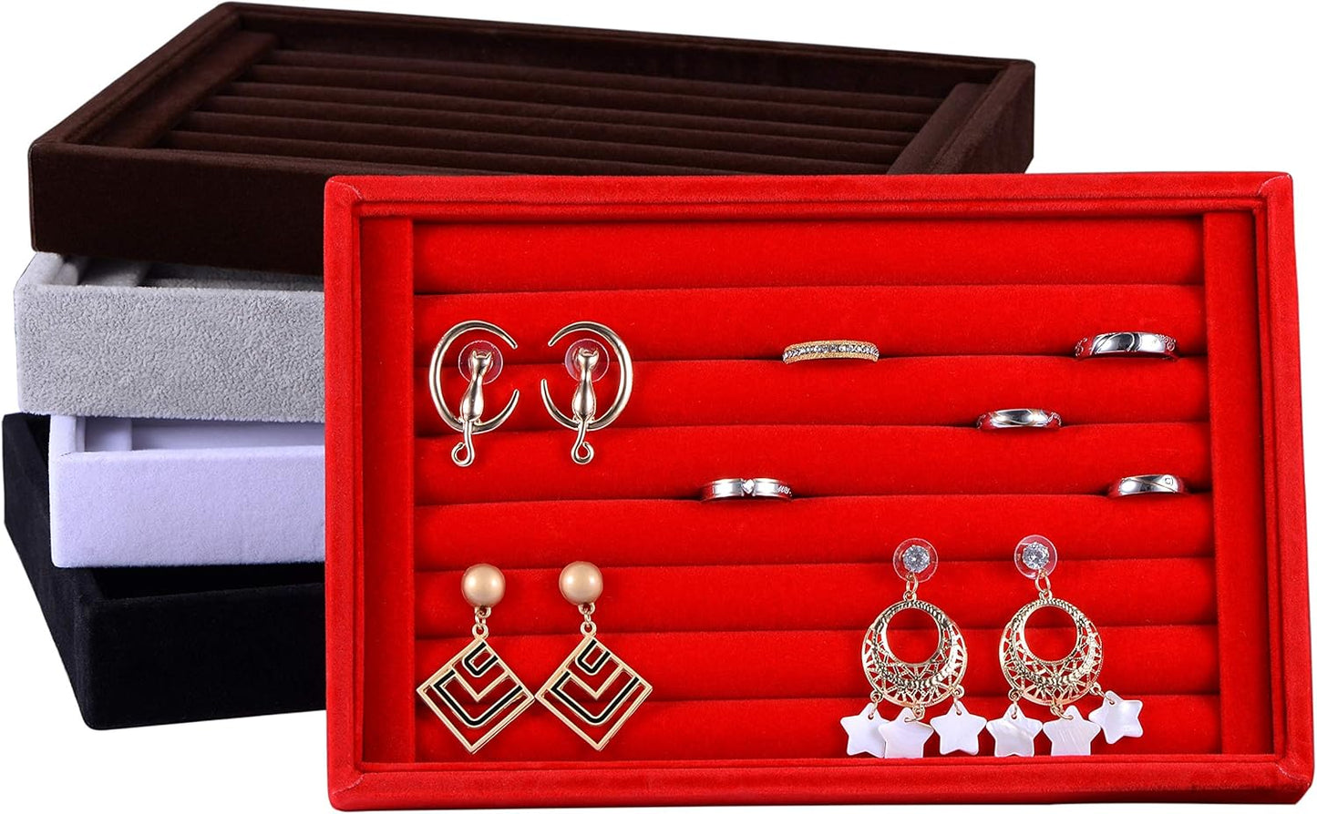 Valyria Velvet 7 Slots Ring Earrings Trays Showcase Display Jewelry Organizer VA003 (Black)