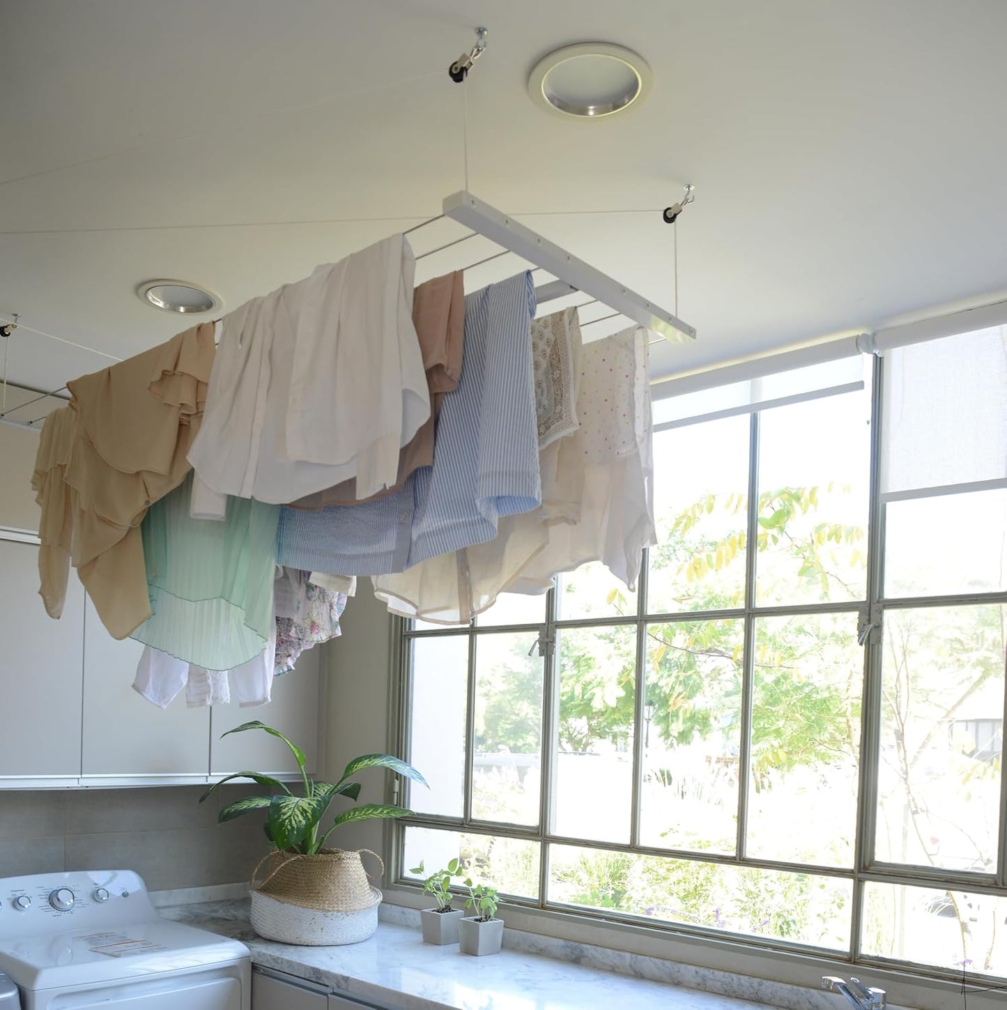 Ceiling Mounted Pulley Drying Rack – Medium Aluminum Clothesline for Everyday Laundry – Compact, Space-Saving Design (55.12" x 23.6")
