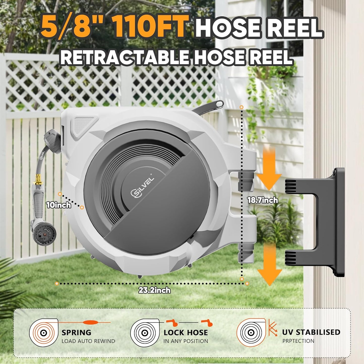 SILVEL Retractable Garden Hose Reel – 5/8 in x 110FT Heavy Duty Automatic Hose Reel Wall Mounted, Upgraded UV Resistant with 10 Pattern Nozzle, Any Length Lock & Slow Return System, 180°Swivel Bracket