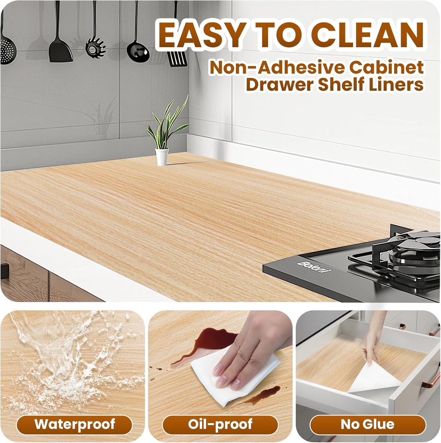 Drawer Shelf Liner for Kitchen Cabinets Non-Adhesive, Non Slip Shelf Paper Waterproof Thickened Cabinet Liners for Shelves, Strong Grip Mats for Cupboard, Dresser, Pantry, Beige, 12 in x 10 FT