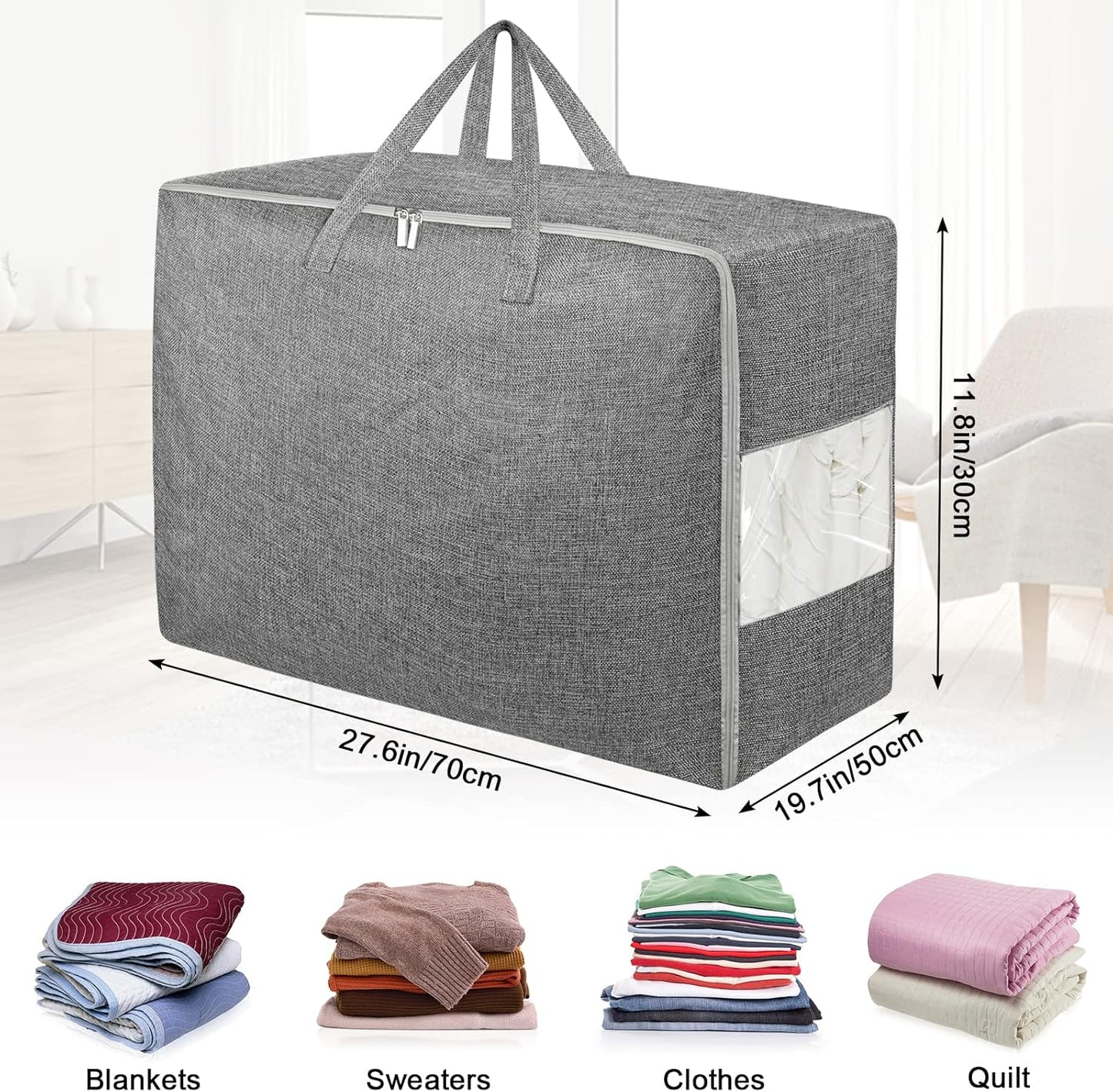 Extra Large Storage Bags, Folding Moving Comforter Blanket Storage Bags Closet Organizers and Storage Containers for Clothes with Clear Window for Bedding Pillow (Grey, 3 x 105L)