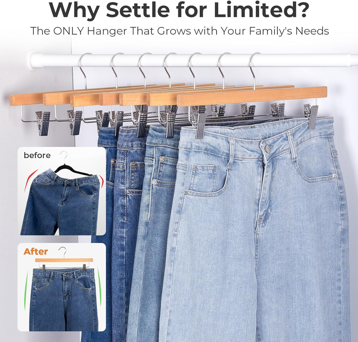 HOUSE DAY Premium Wooden Pants Hangers 15 Pack, Solid Lotus Wood Skirt Hangers with 2-Adjustable Clips, Heavy Duty & Anti Slip Wood Bottom Hanger for Slacks, Jeans, Trousers, Shorts (Natural)