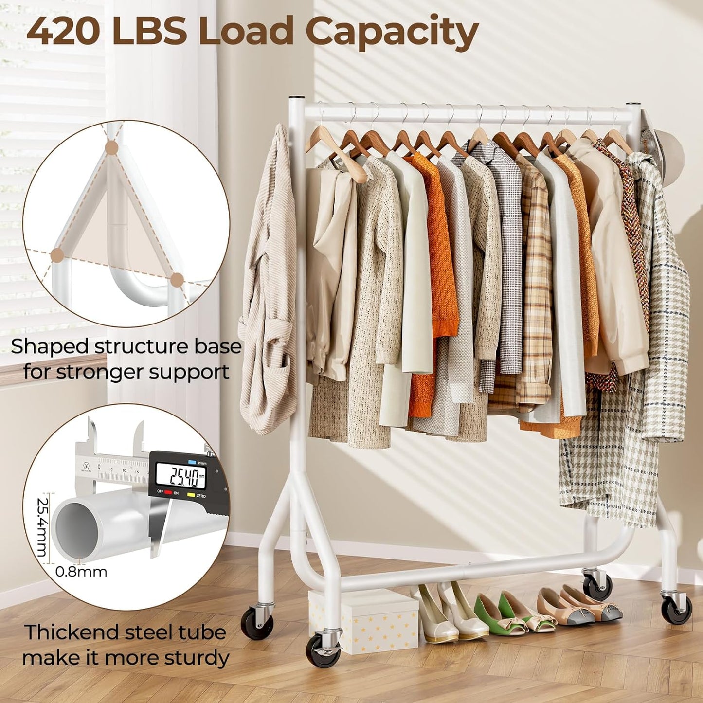 Clothes Clothing Rack, Rolling Heavy Duty Clothes Rack Load 420 LBS With Wheels, Metal Clothes Rack for Hanging Clothes, Portable Standing Clothes Garment Rack, White,48 inches