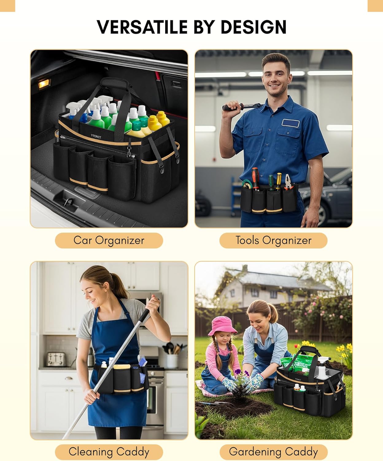 Ytonet Cleaning Caddy Bag with Detachable Apron, Extra Large Cleaning Supplies Organizer with Foldable Dividers, Portable Cleaner Tote with Handle, Cleaner Caddy for Housekeeper, Black